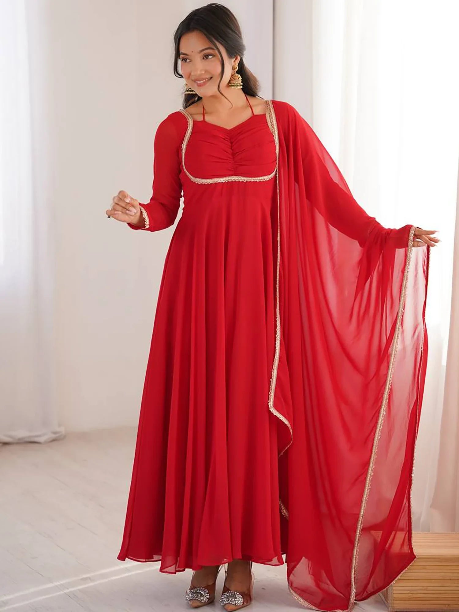 Red Georgette Festival Wear Gown With Dupatta for Women
