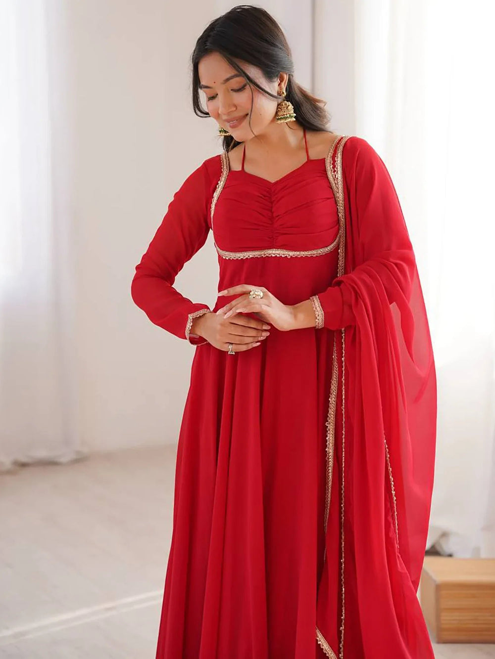 Red Georgette Festival Wear Gown With Dupatta for Women