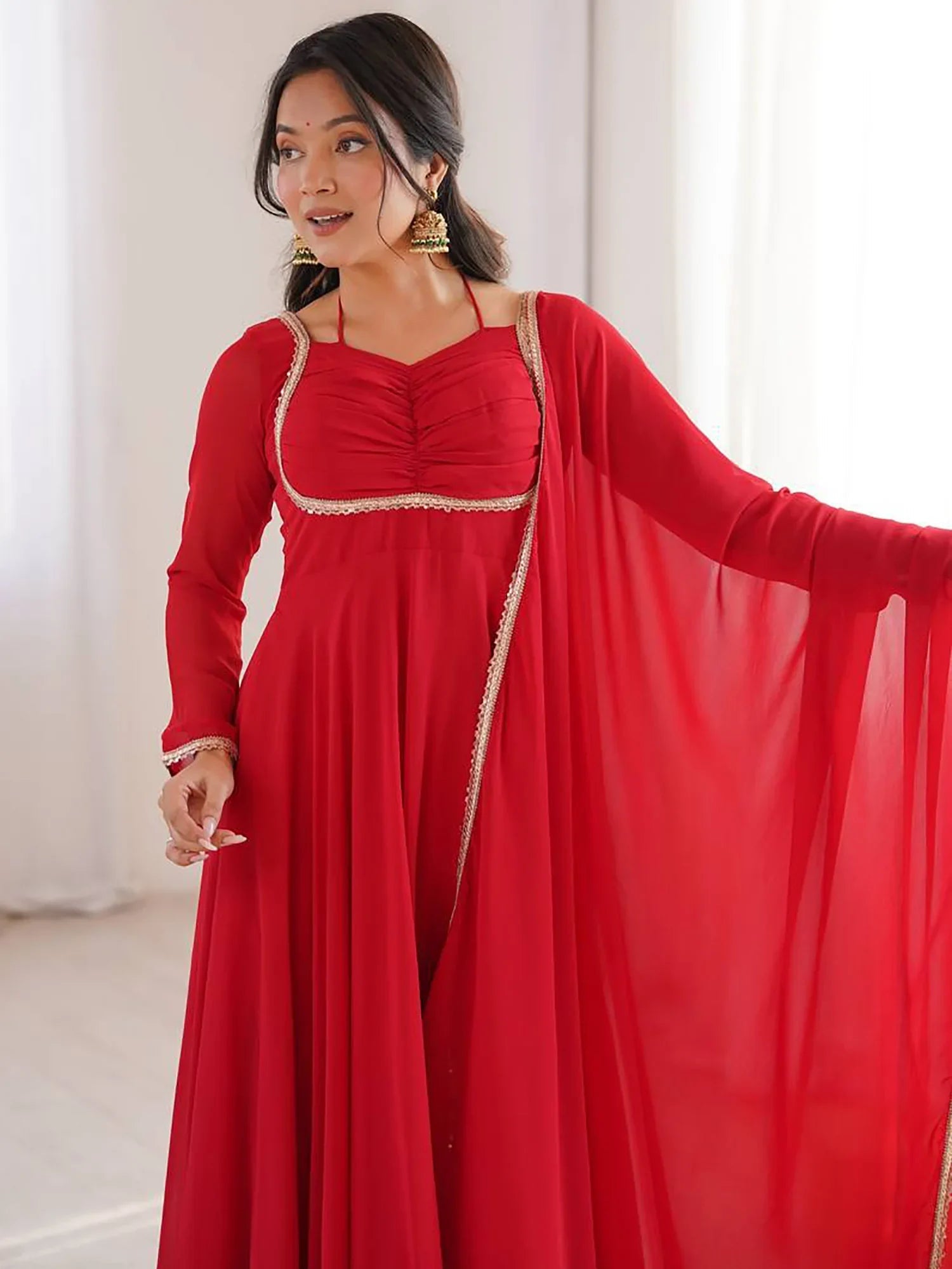 Red Georgette Festival Wear Gown With Dupatta for Women