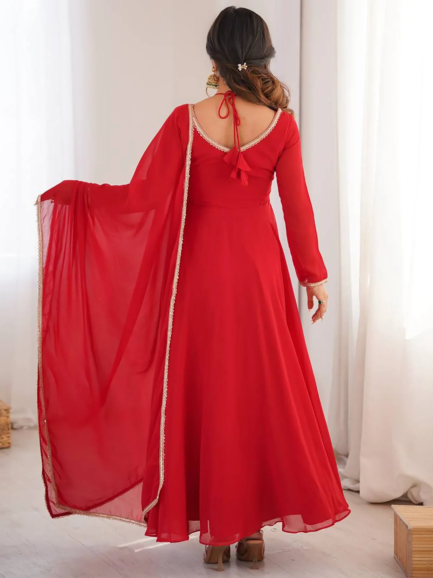 Red Georgette Festival Wear Gown With Dupatta for Women