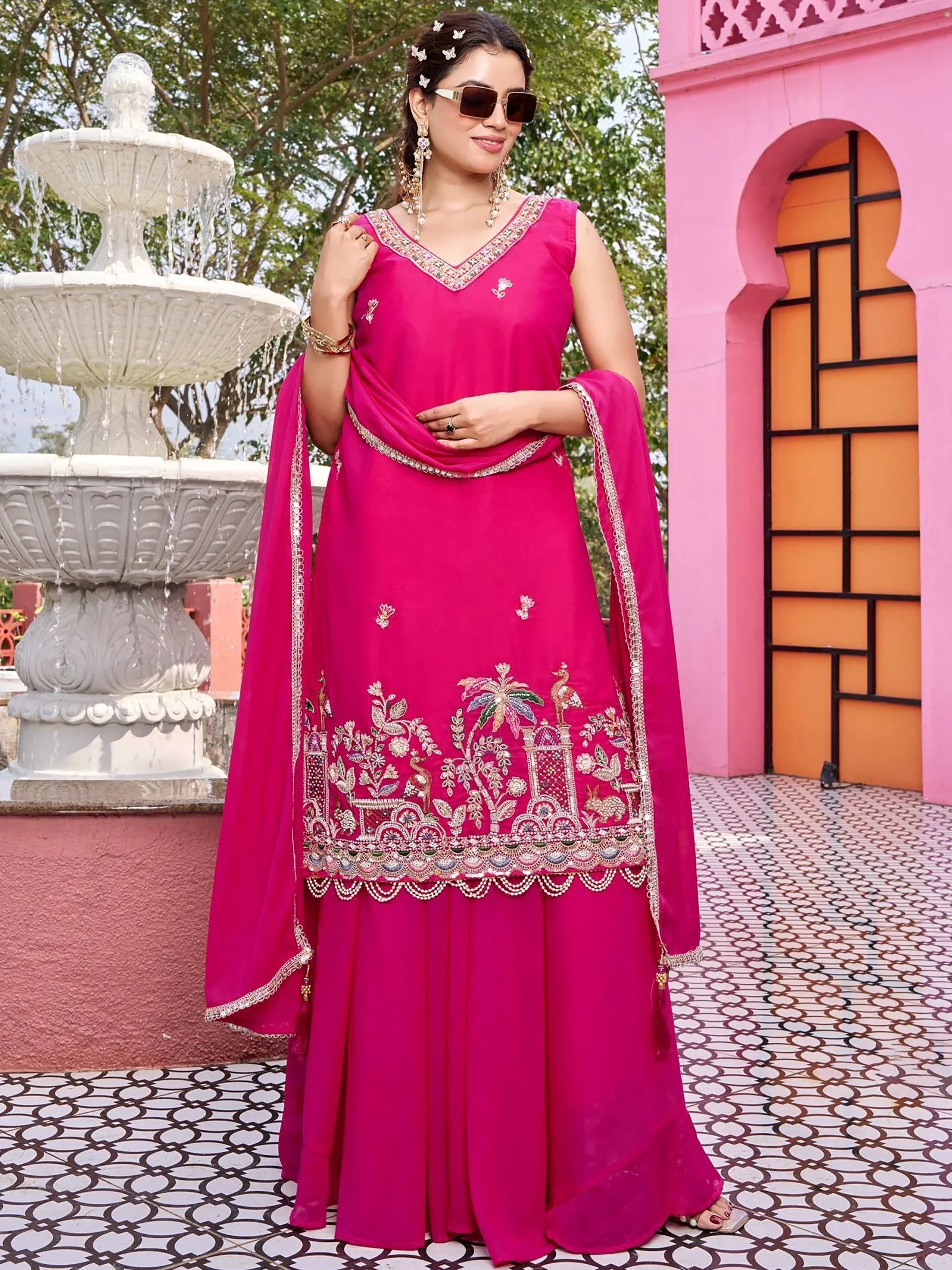 Pink Function Wear Georgette Embroidered Palazzo Suit for Women