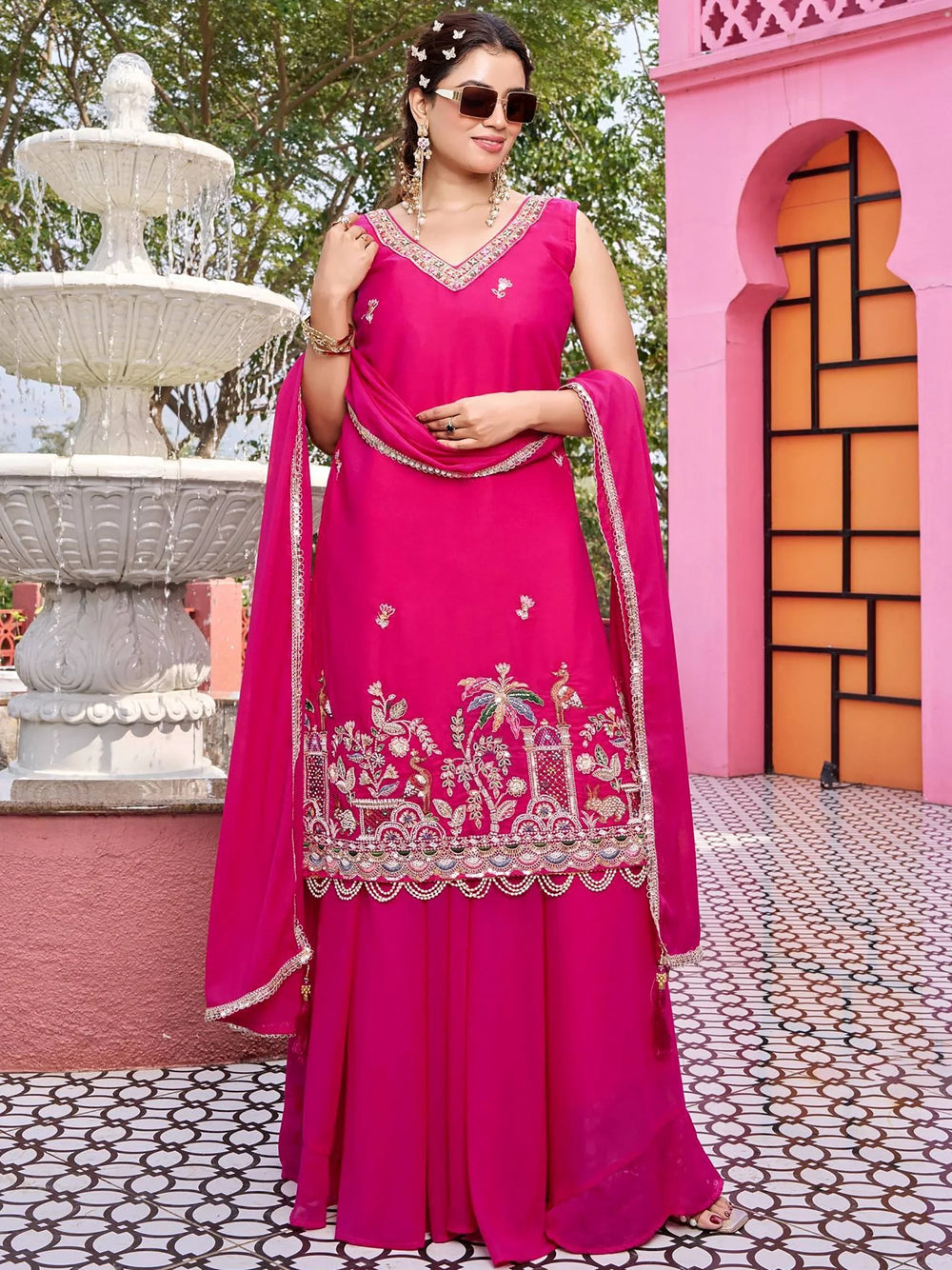 Pink Function Wear Georgette Embroidered Palazzo Suit for Women