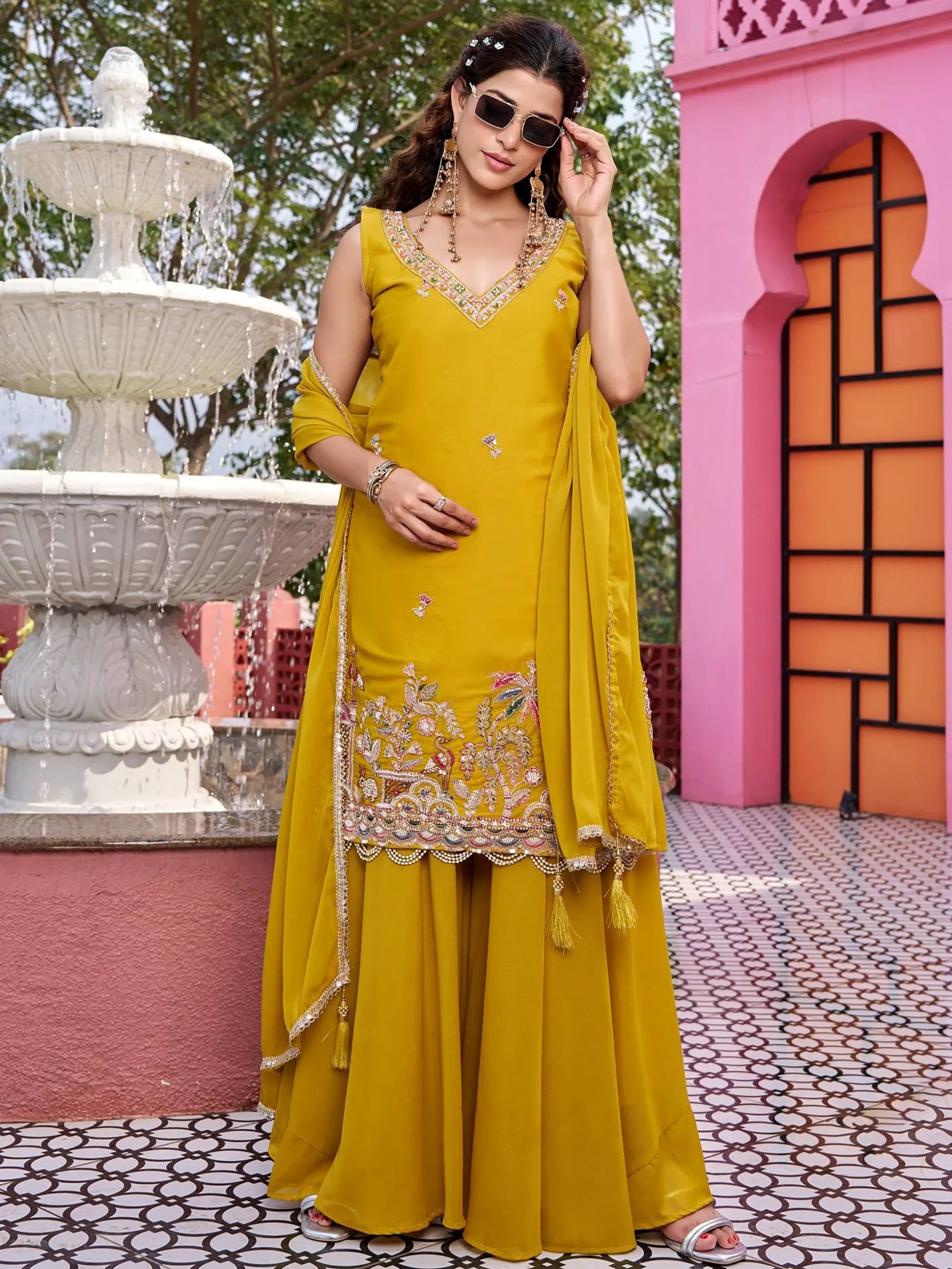 Yellow Function Wear Georgette Embroidered Palazzo Suit for Women