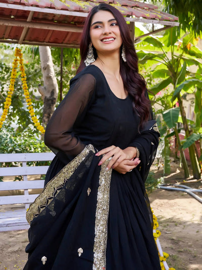 Black Sequins Georgette Festival Wear Gown With Dupatta for Women
