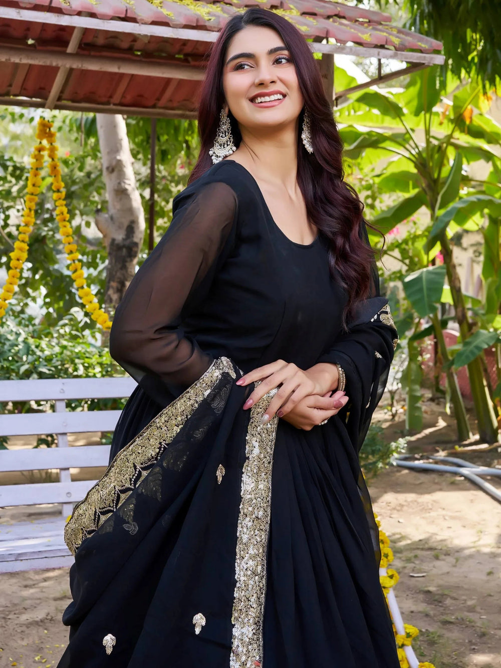 Black Sequins Georgette Festival Wear Gown With Dupatta for Women