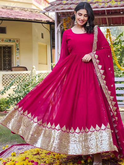 Pink Sequins Georgette Festival Wear Gown With Dupatta for Women