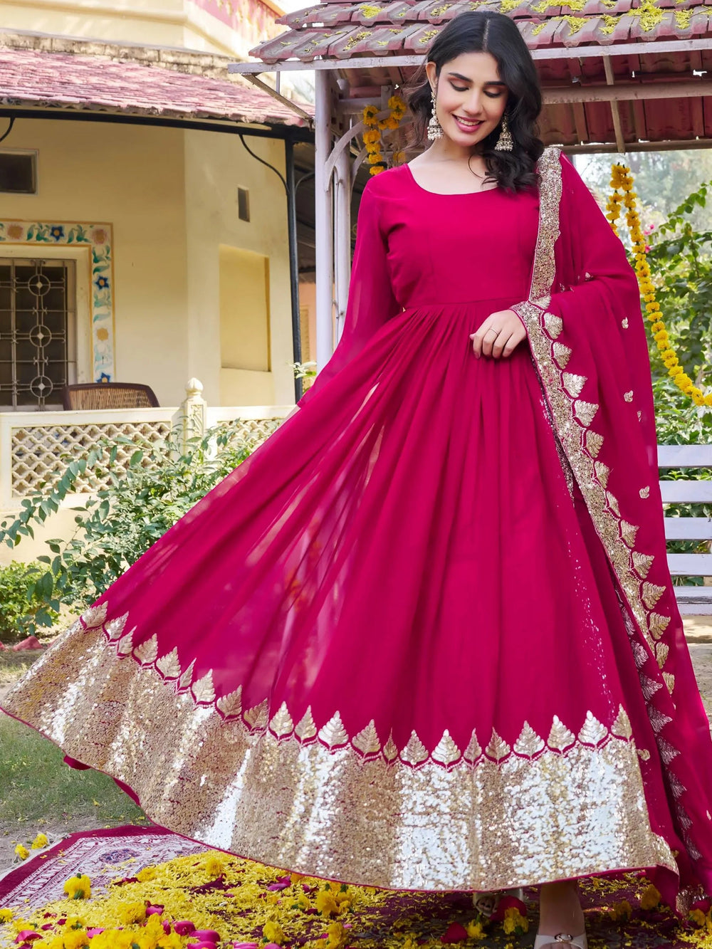 Pink Sequins Georgette Festival Wear Gown With Dupatta for Women