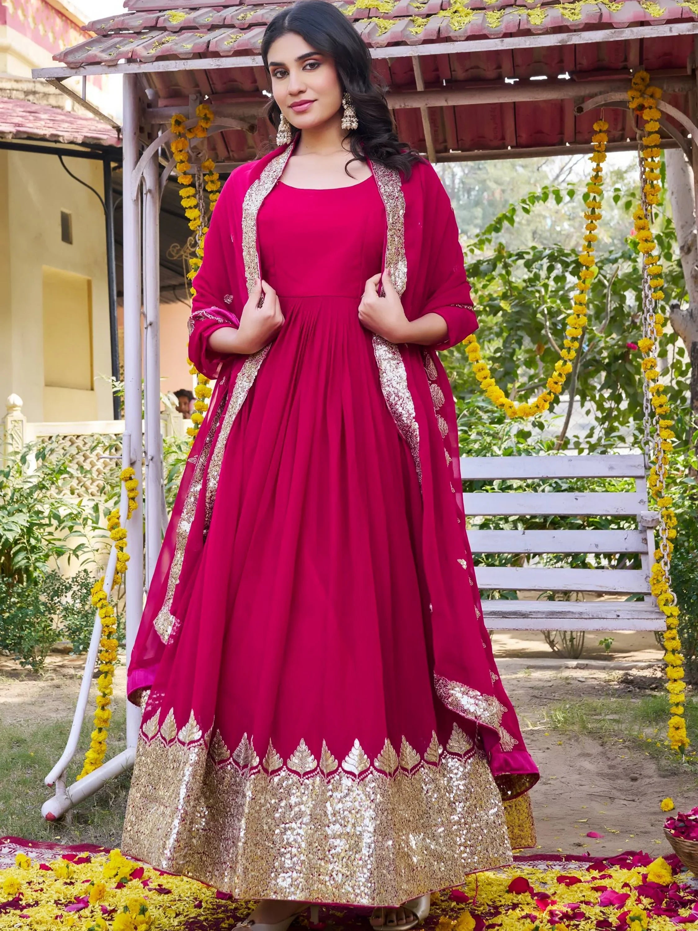 Pink Sequins Georgette Festival Wear Gown With Dupatta for Women