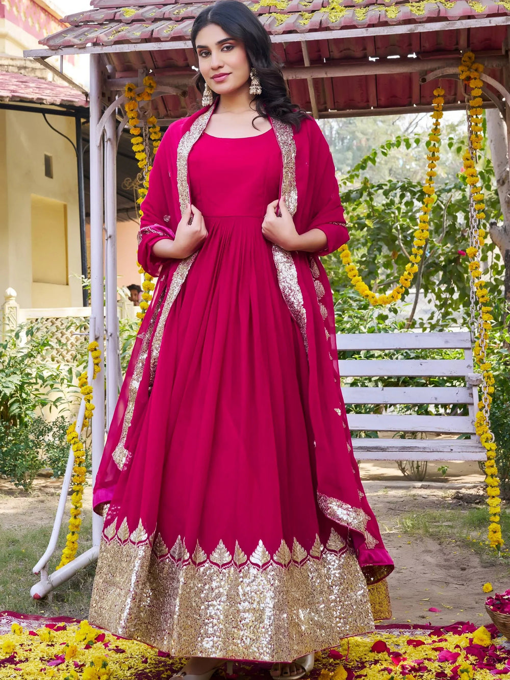 Pink Sequins Georgette Festival Wear Gown With Dupatta for Women