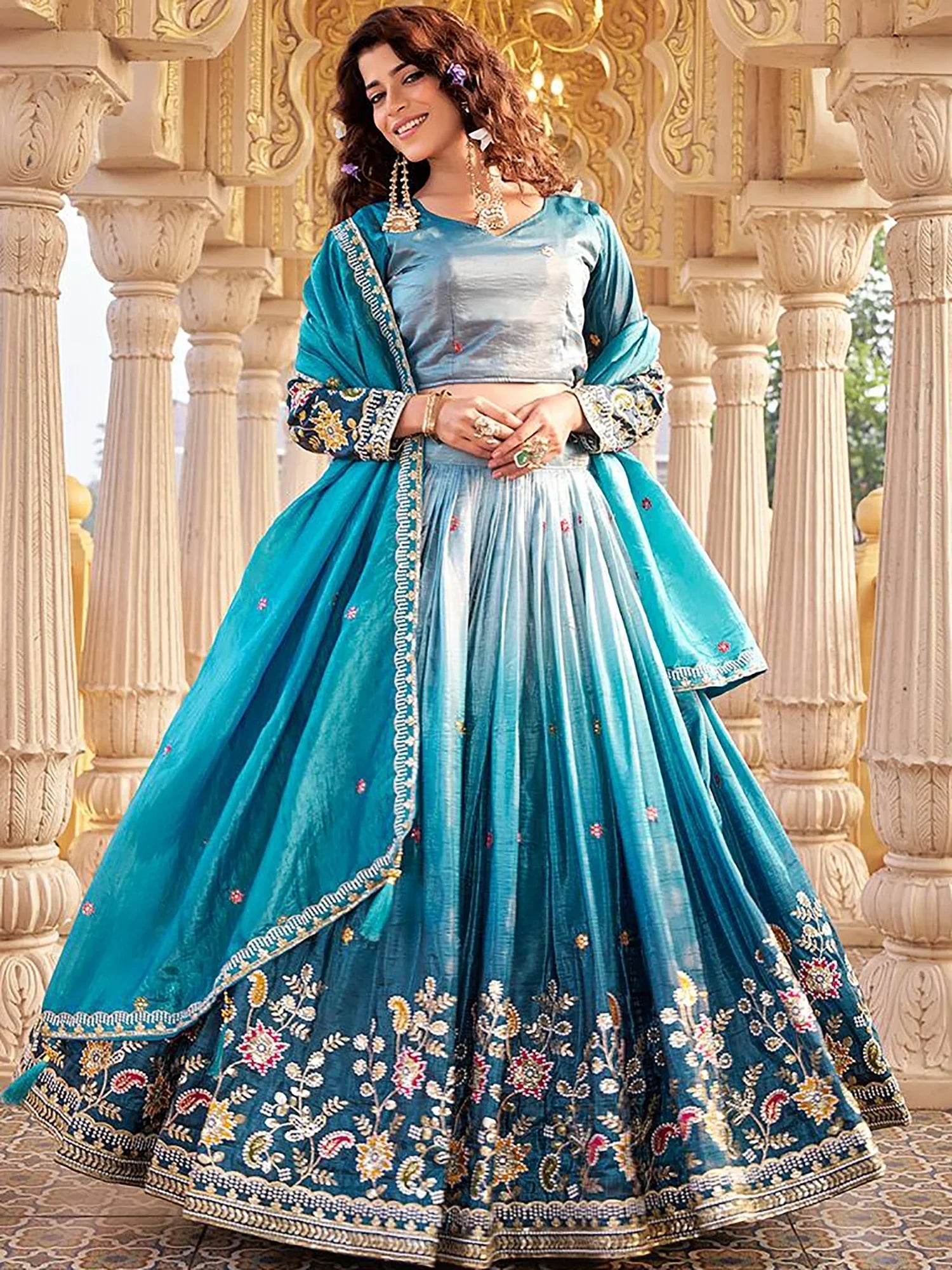 Blue Luminous Embroidered Crushed Function Wear Lehenga Choli for Women