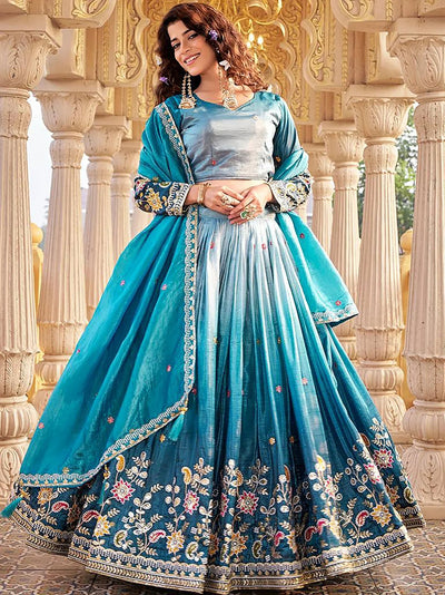 Blue Luminous Embroidered Crushed Function Wear Lehenga Choli for Women