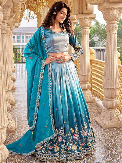 Blue Luminous Embroidered Crushed Function Wear Lehenga Choli for Women