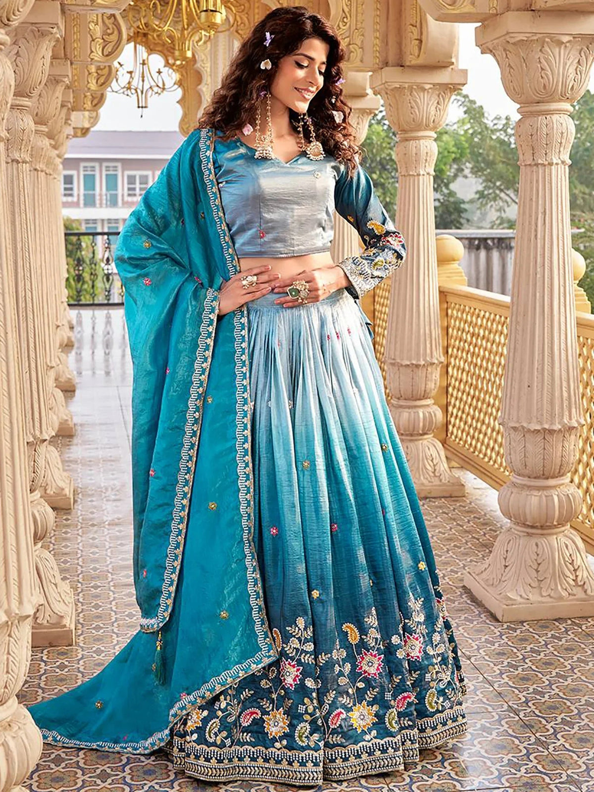 Blue Luminous Embroidered Crushed Function Wear Lehenga Choli for Women