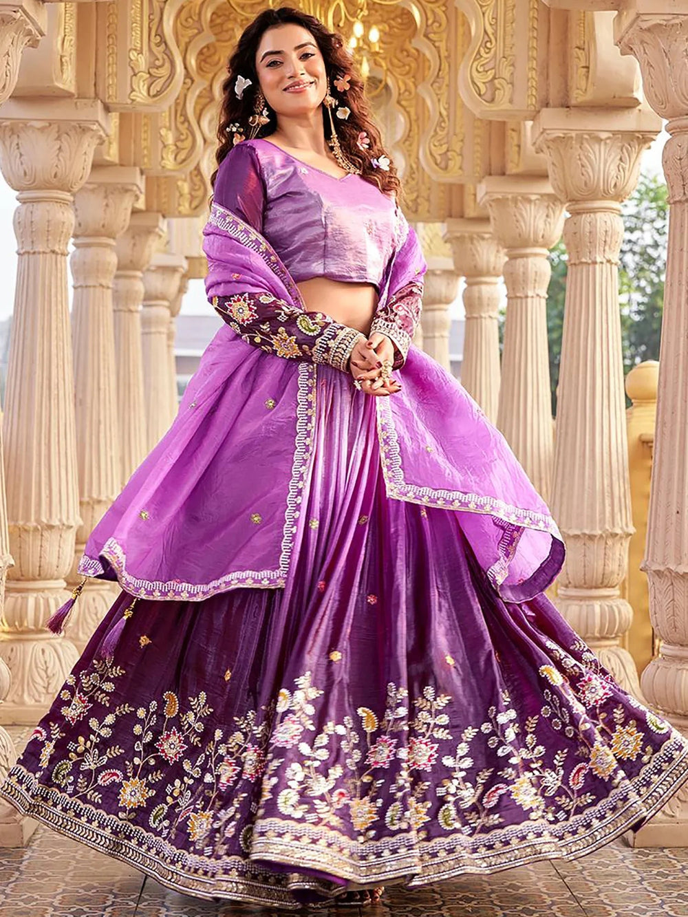 Purple Luminous Embroidered Crushed Function Wear Lehenga Choli for Women