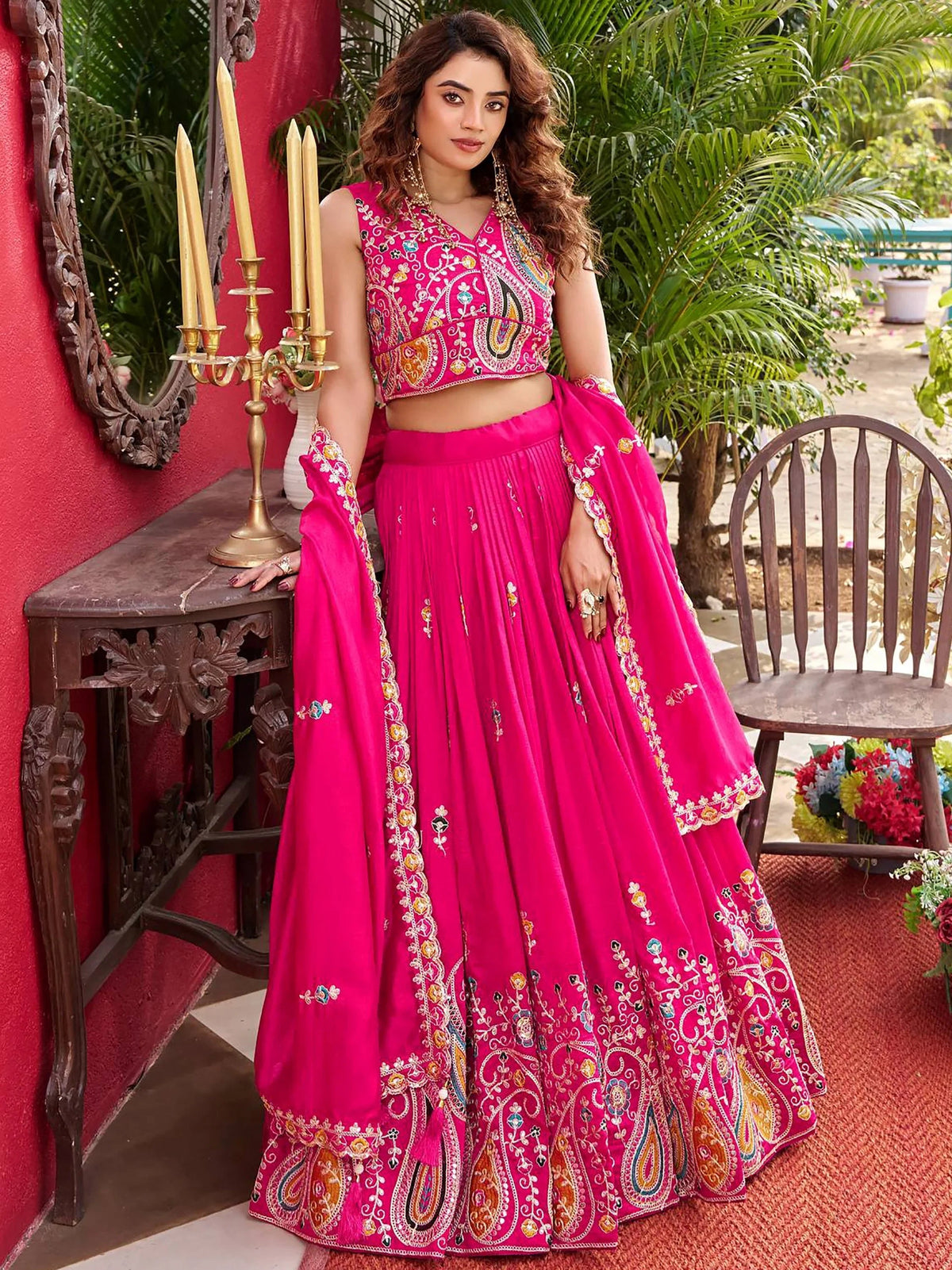 Pink Glamorous Embroidered Silk Wedding Wear Lehenga Choli for Women