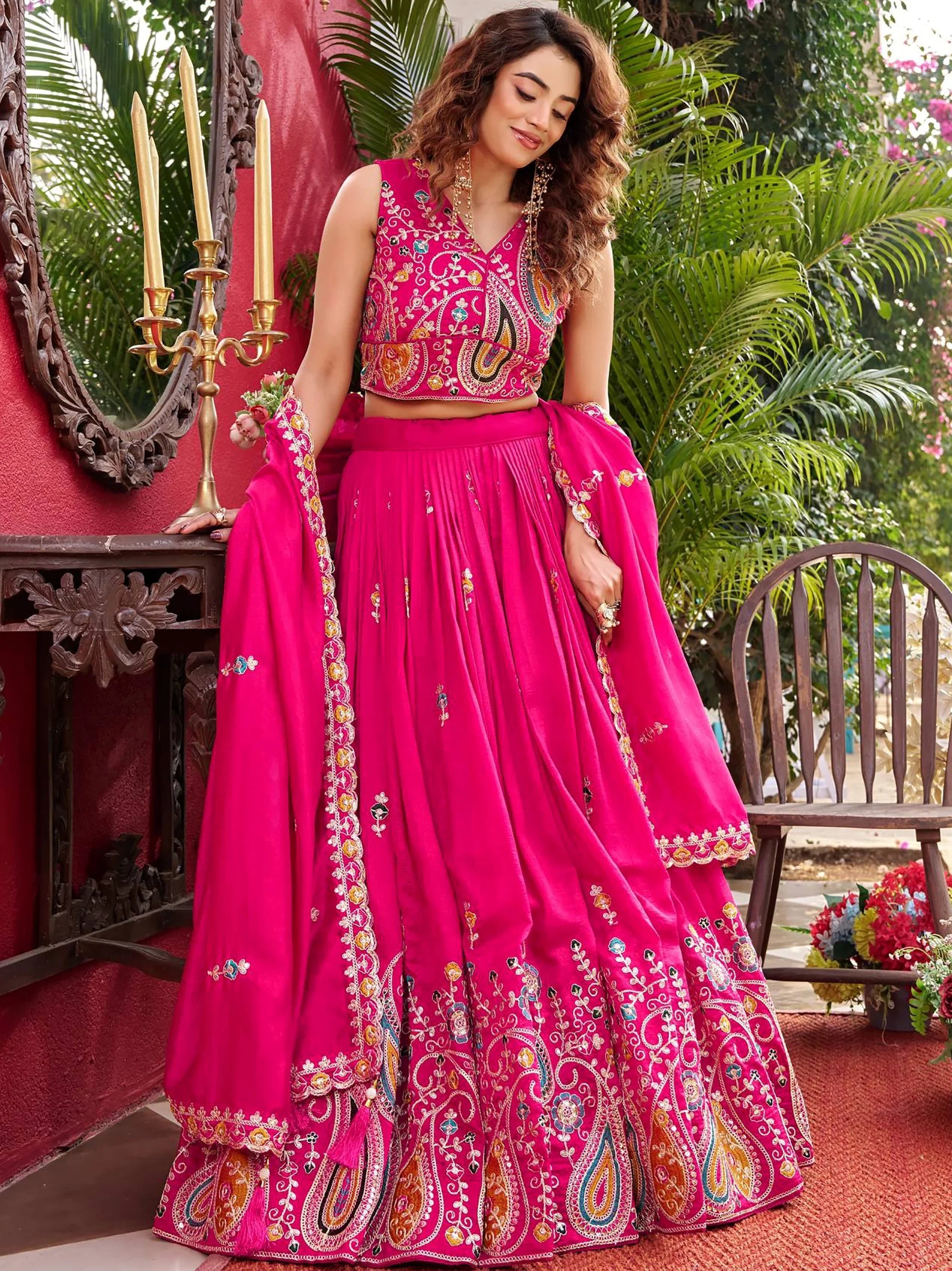 Pink Glamorous Embroidered Silk Wedding Wear Lehenga Choli for Women