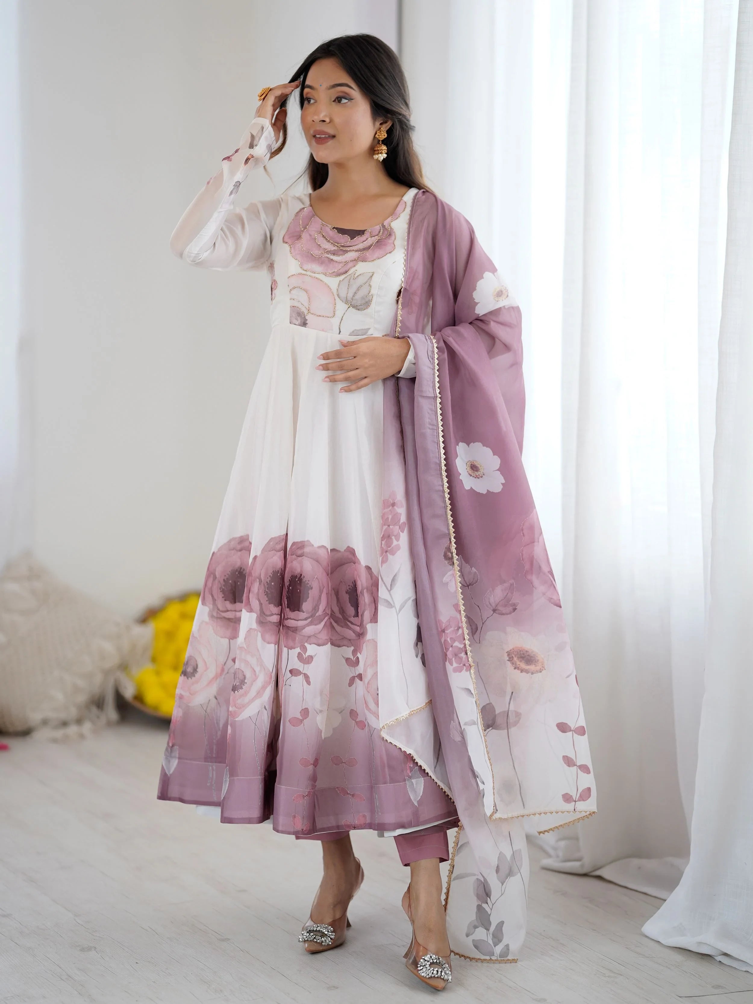 Pink Flower Printed Organza Traditional Anarkali Suit for Women