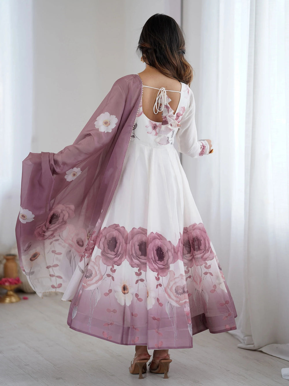 Pink Flower Printed Organza Traditional Anarkali Suit for Women