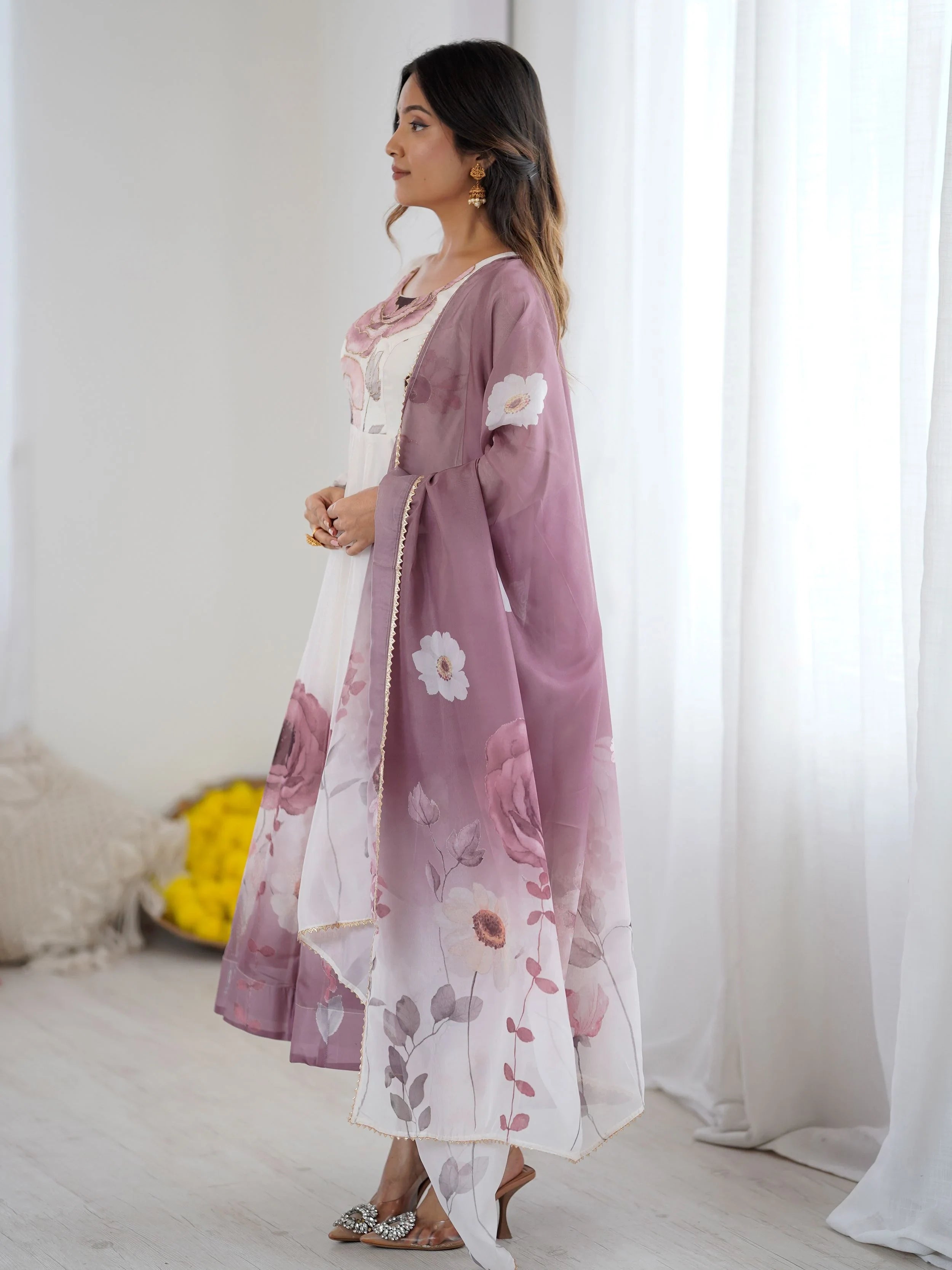Pink Flower Printed Organza Traditional Anarkali Suit for Women