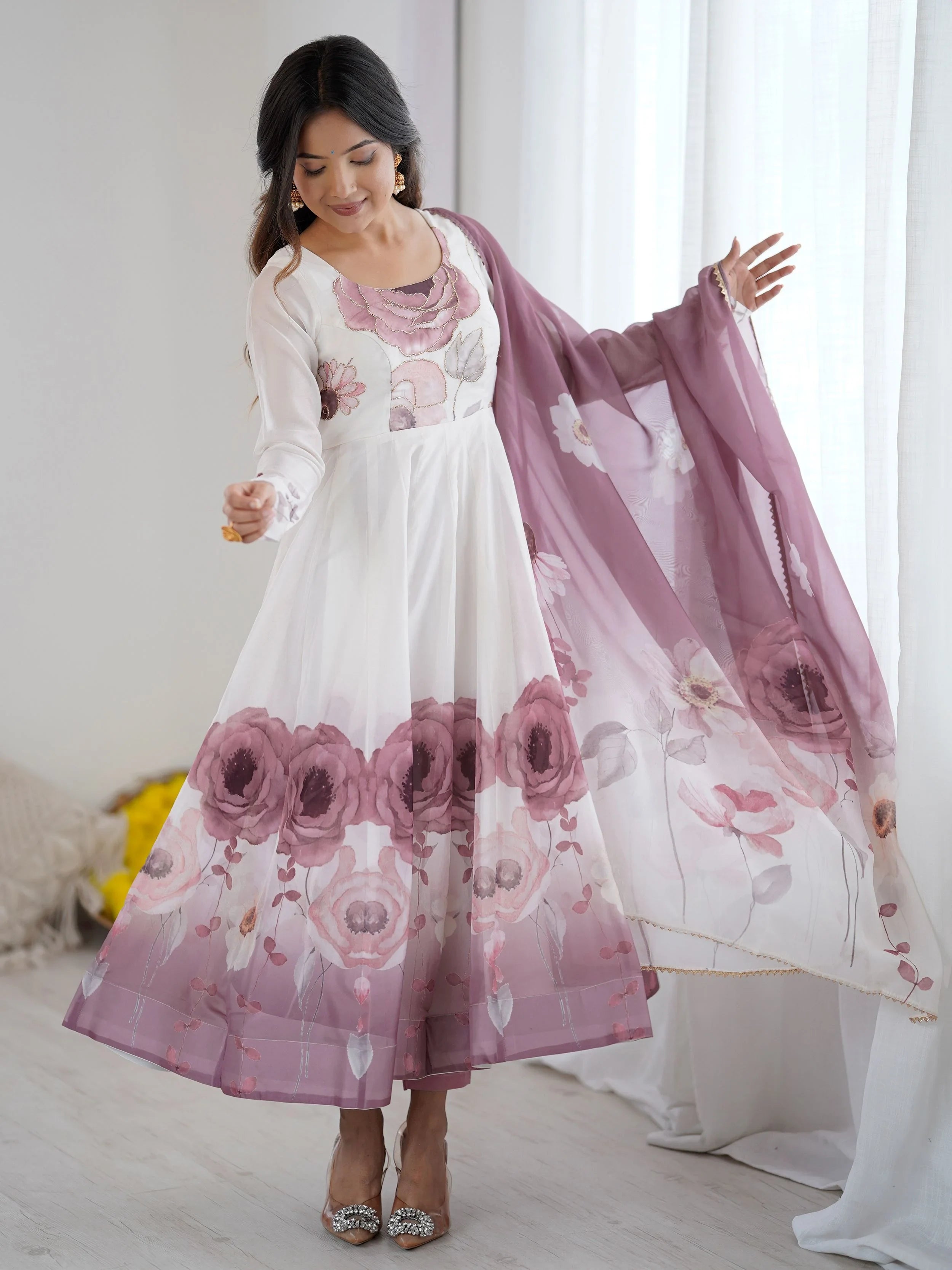 Pink Flower Printed Organza Traditional Anarkali Suit for Women