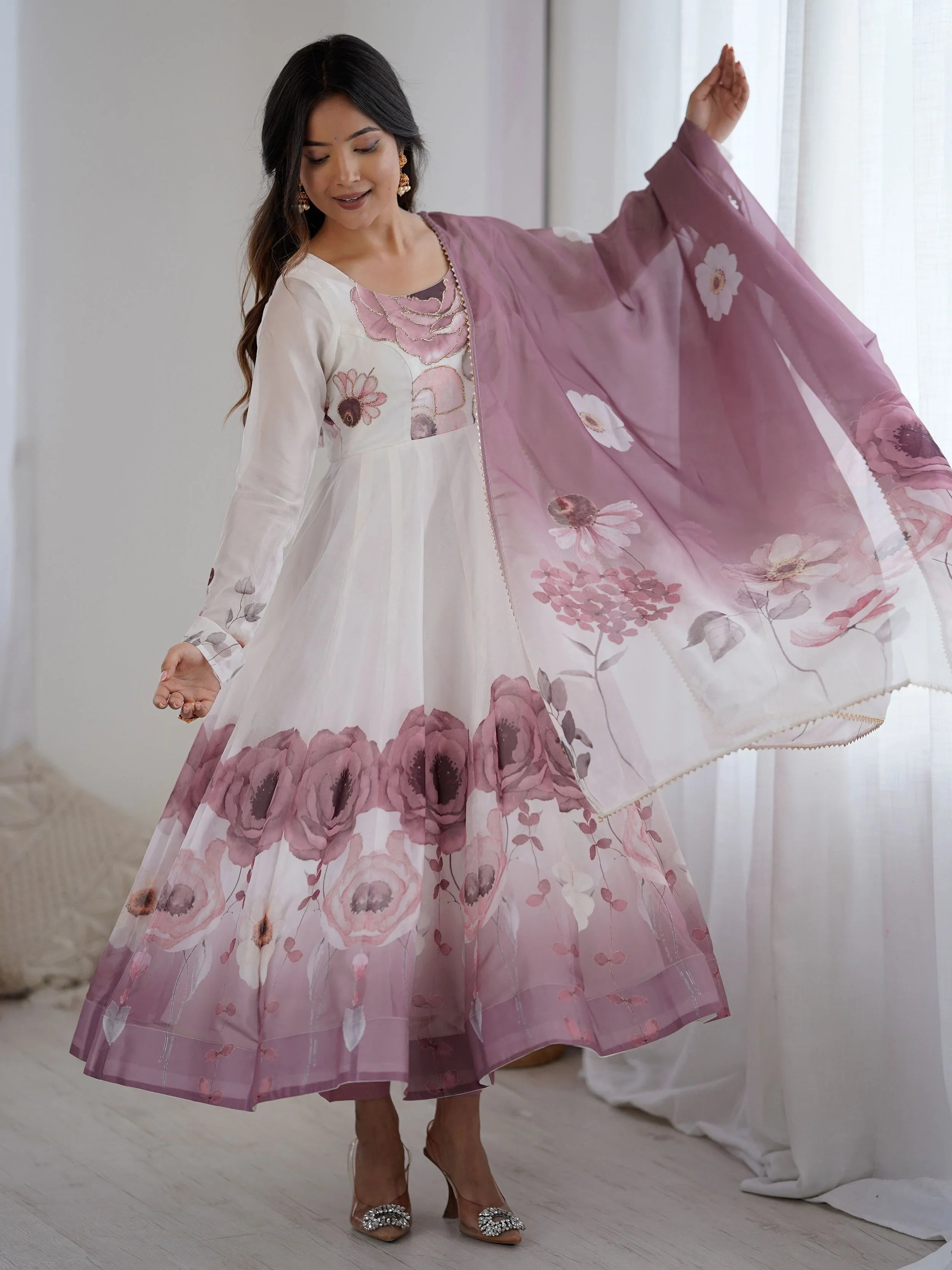 Pink Flower Printed Organza Traditional Anarkali Suit for Women