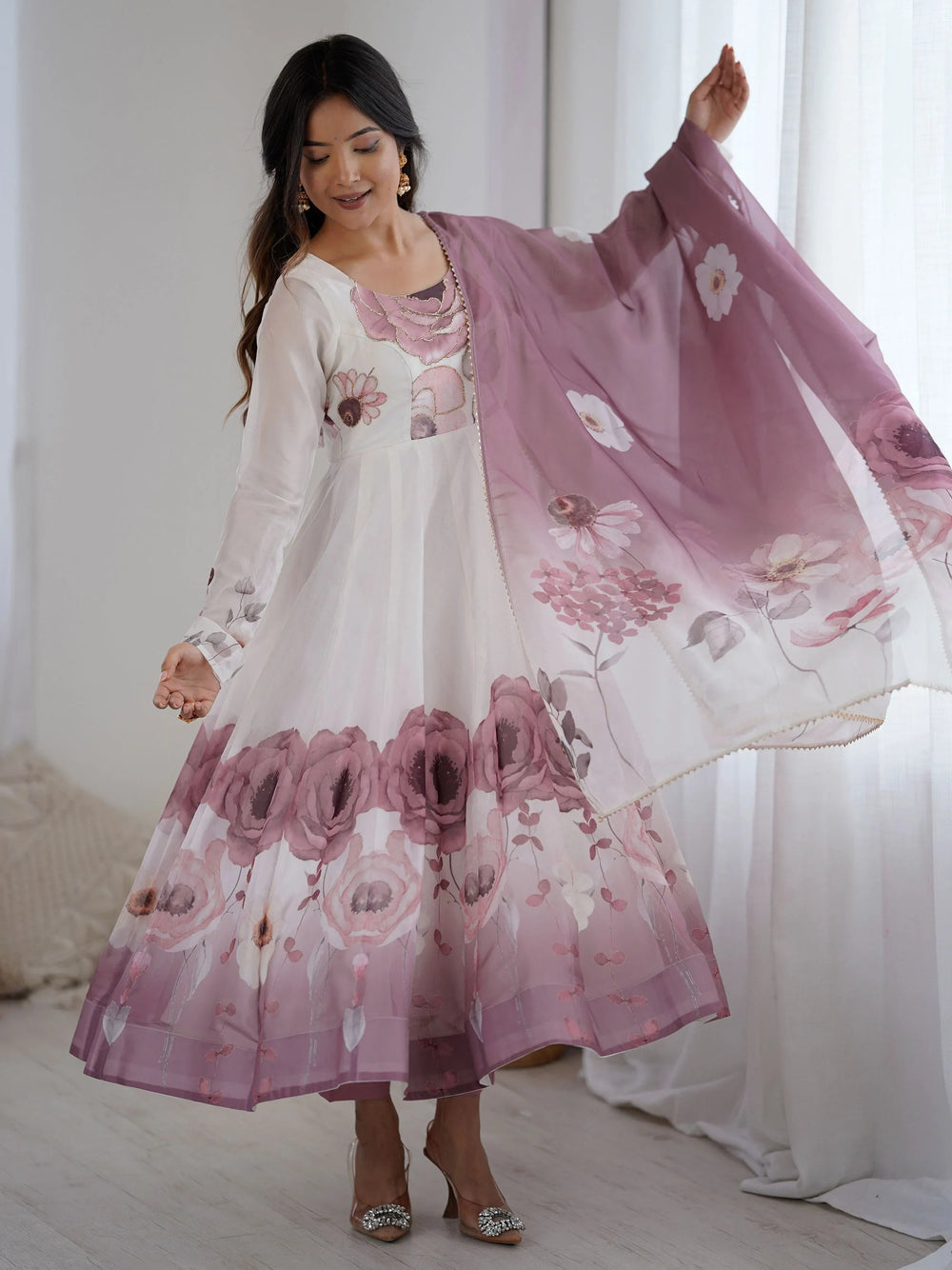 Pink Flower Printed Organza Traditional Anarkali Suit for Women