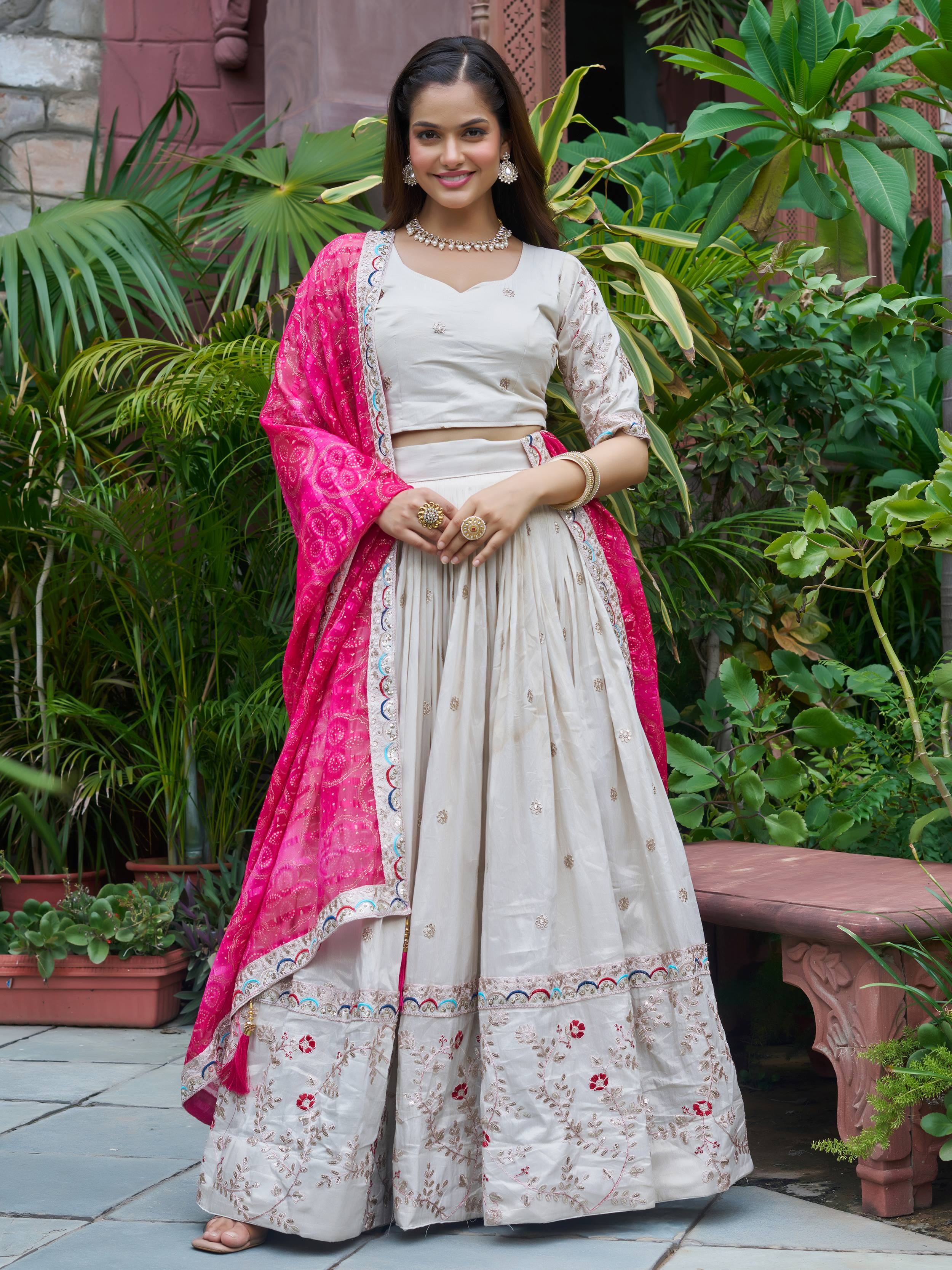 White Embroidered Silk Lehenga Choli With Pink Dupatta for Women