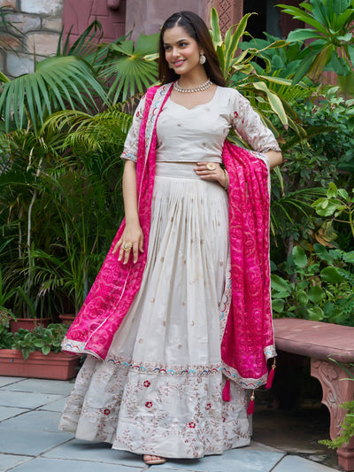 White Embroidered Silk Lehenga Choli With Pink Dupatta for Women