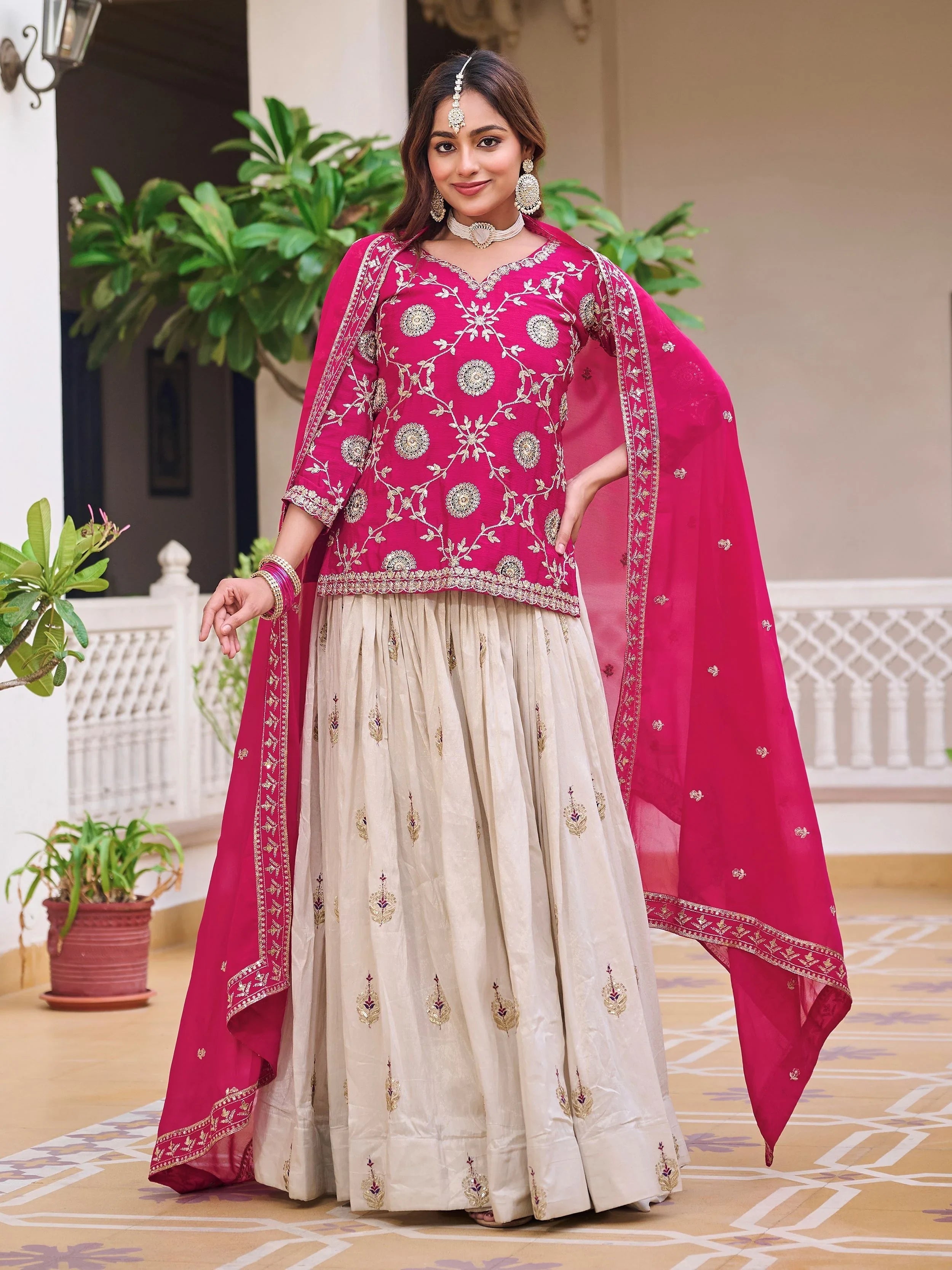 Pink Hypnotic Sequins Embroidered Chinon Lehenga With Long Choli