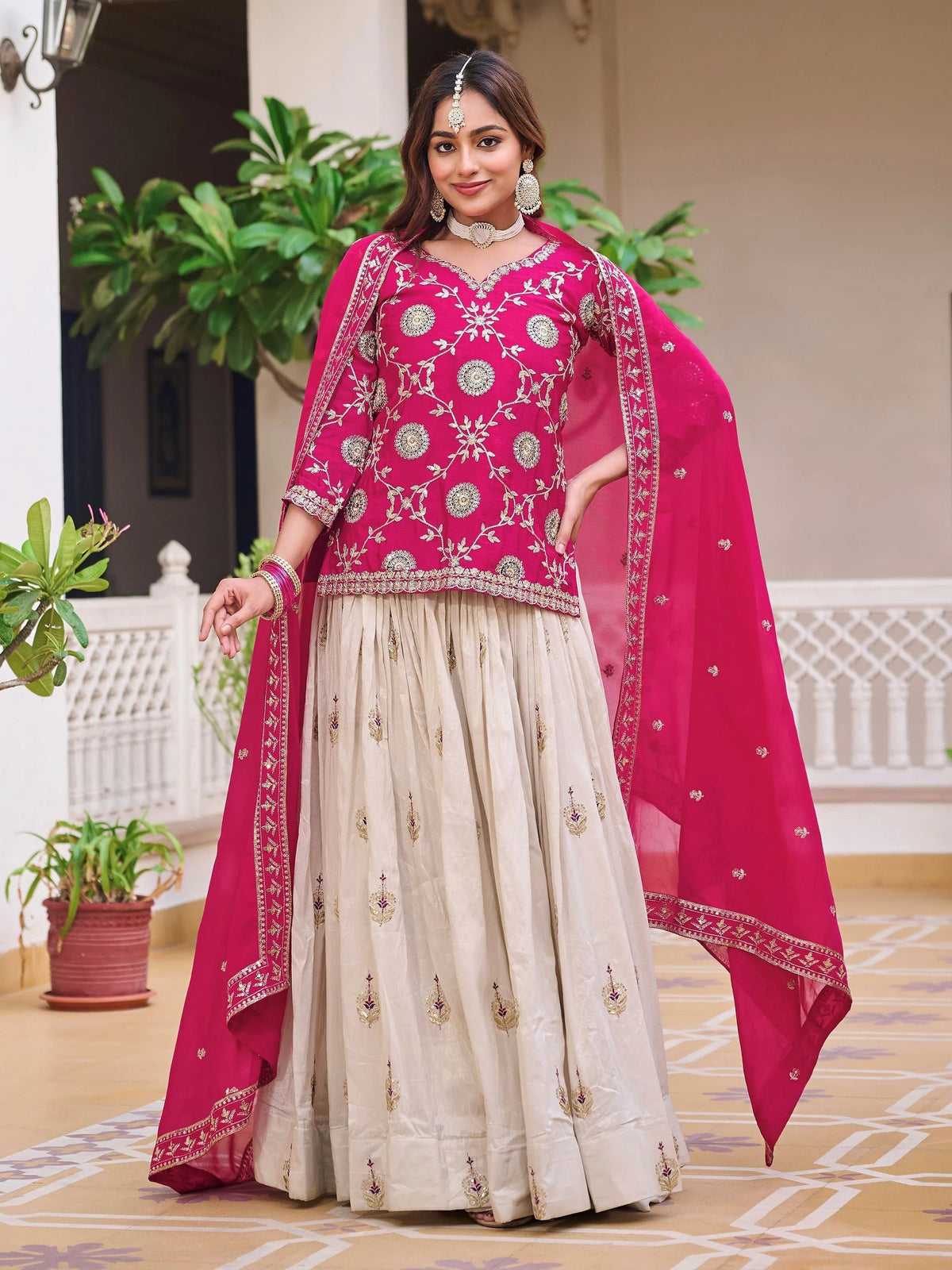 Pink Hypnotic Sequins Embroidered Chinon Lehenga With Long Choli