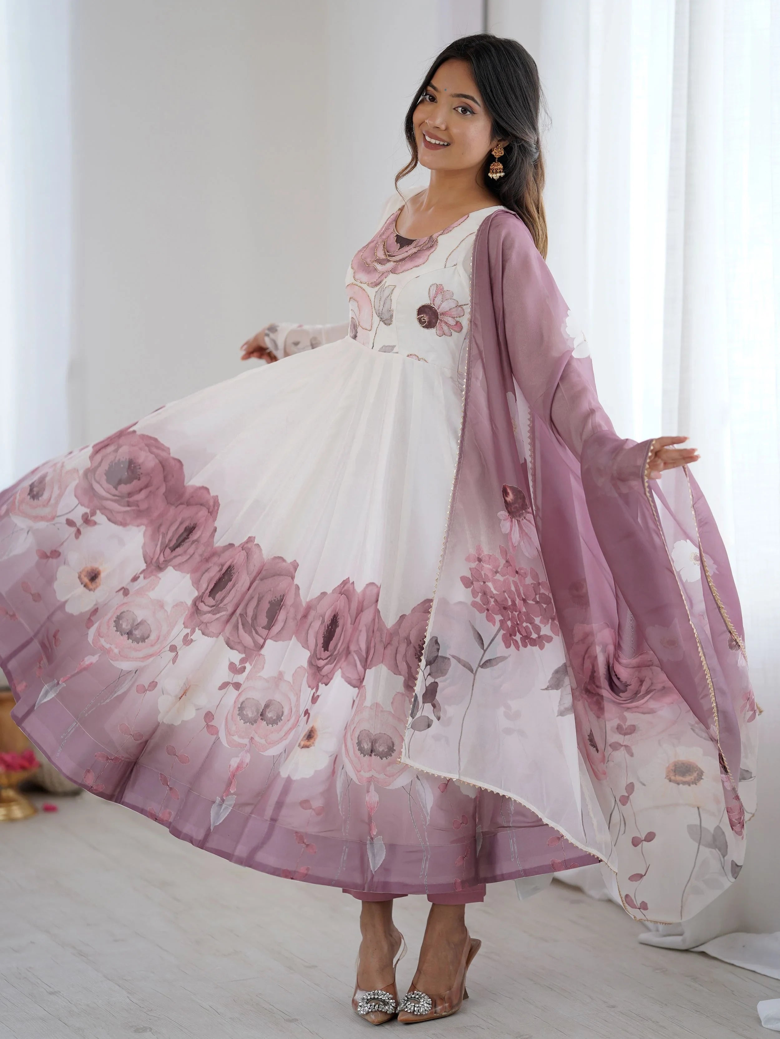 Pink Flower Printed Organza Traditional Anarkali Suit for Women