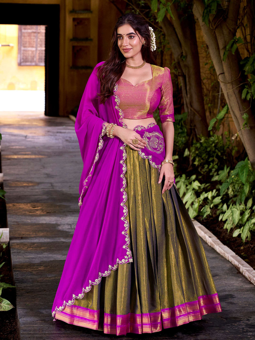 Mehendi Kanchipuram Silk Zari Weaving Half Saree Lehenga