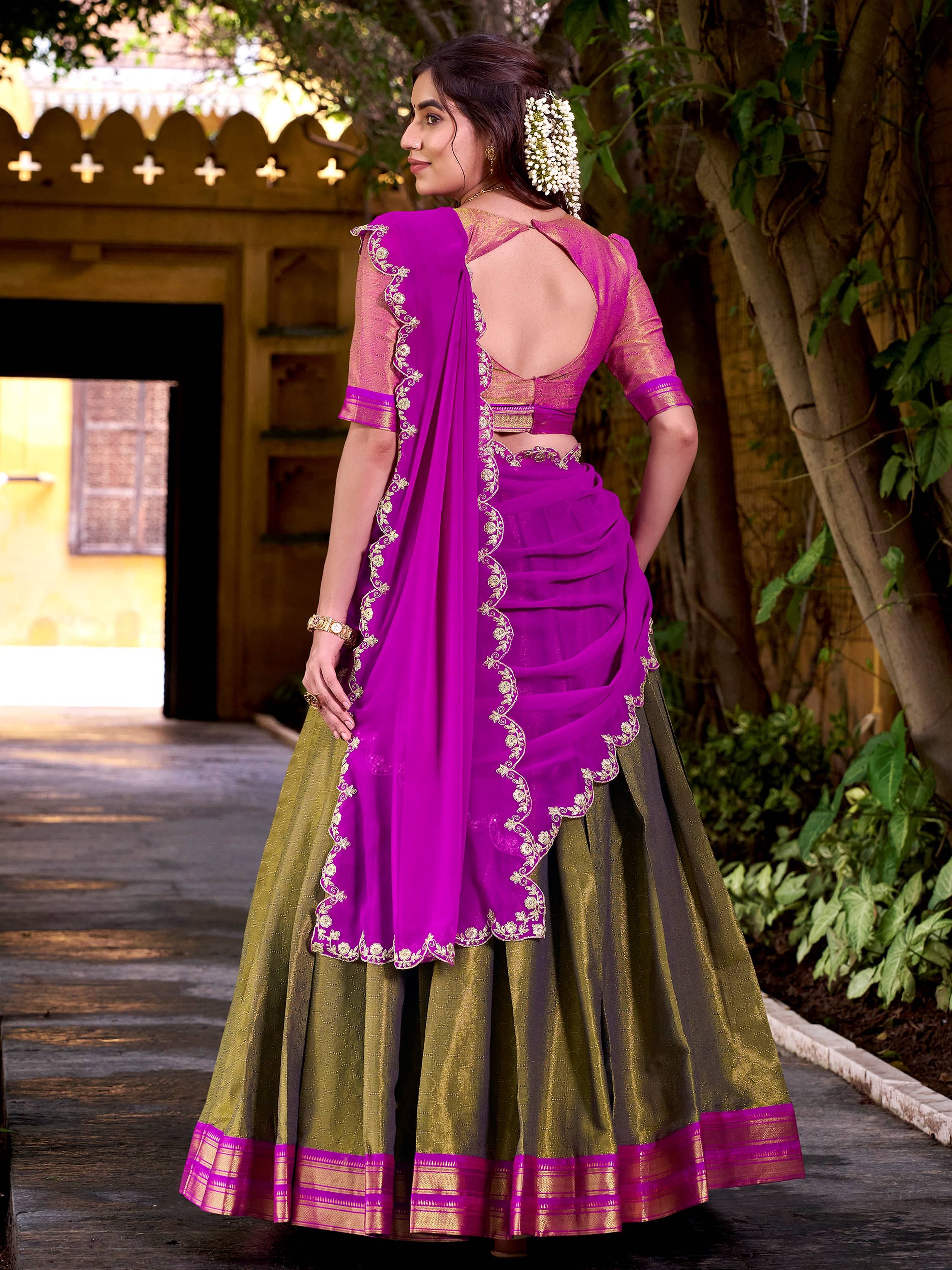 Mehendi Kanchipuram Silk Zari Weaving Half Saree Lehenga