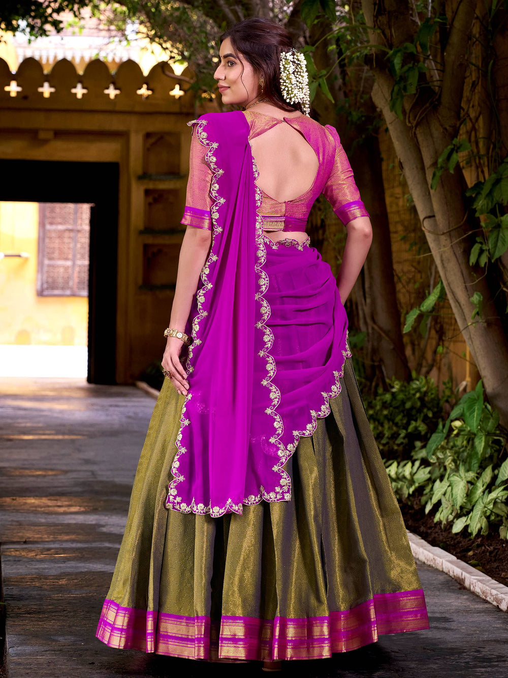 Mehendi Kanchipuram Silk Zari Weaving Half Saree Lehenga