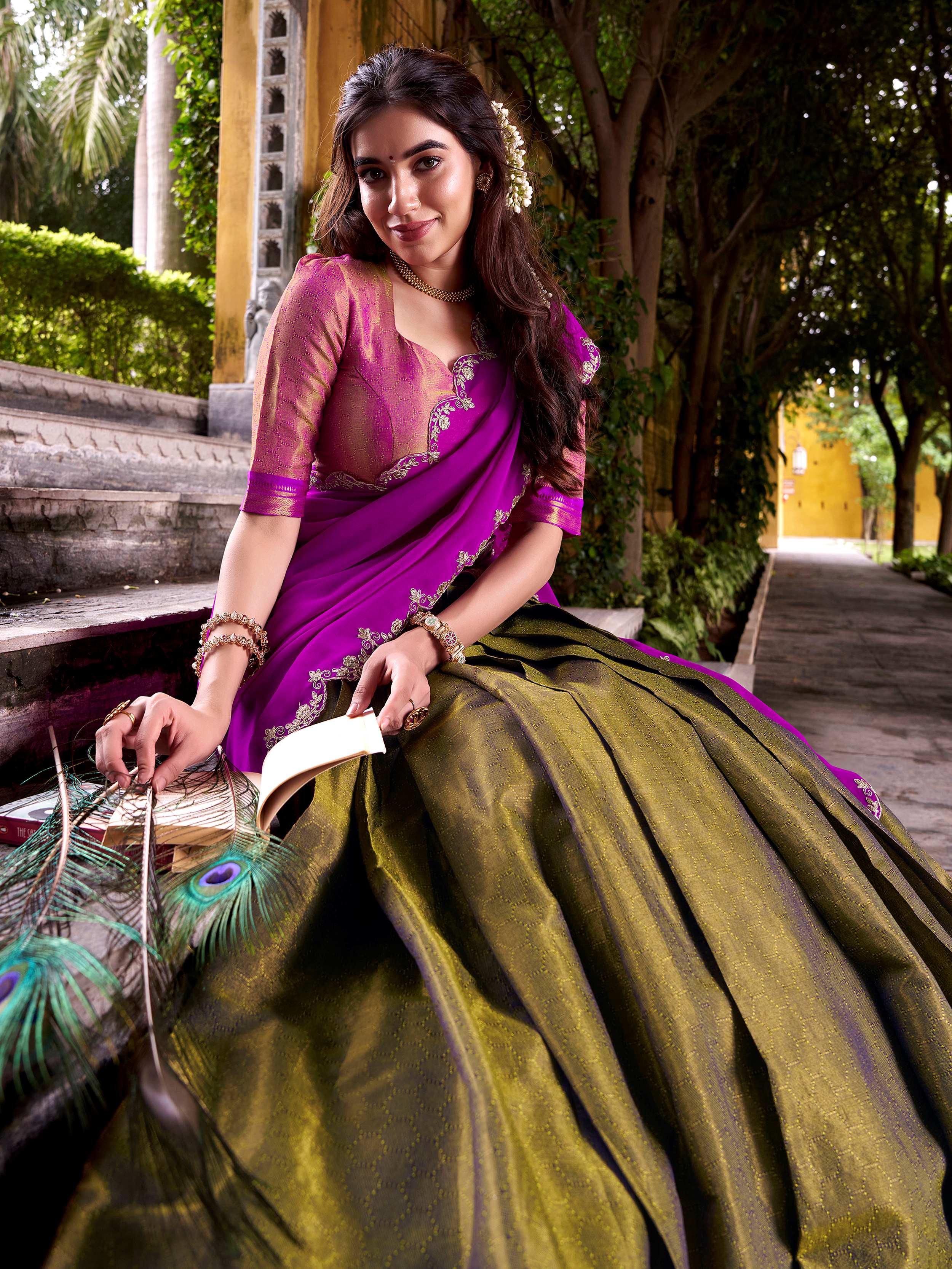 Mehendi Kanchipuram Silk Zari Weaving Half Saree Lehenga