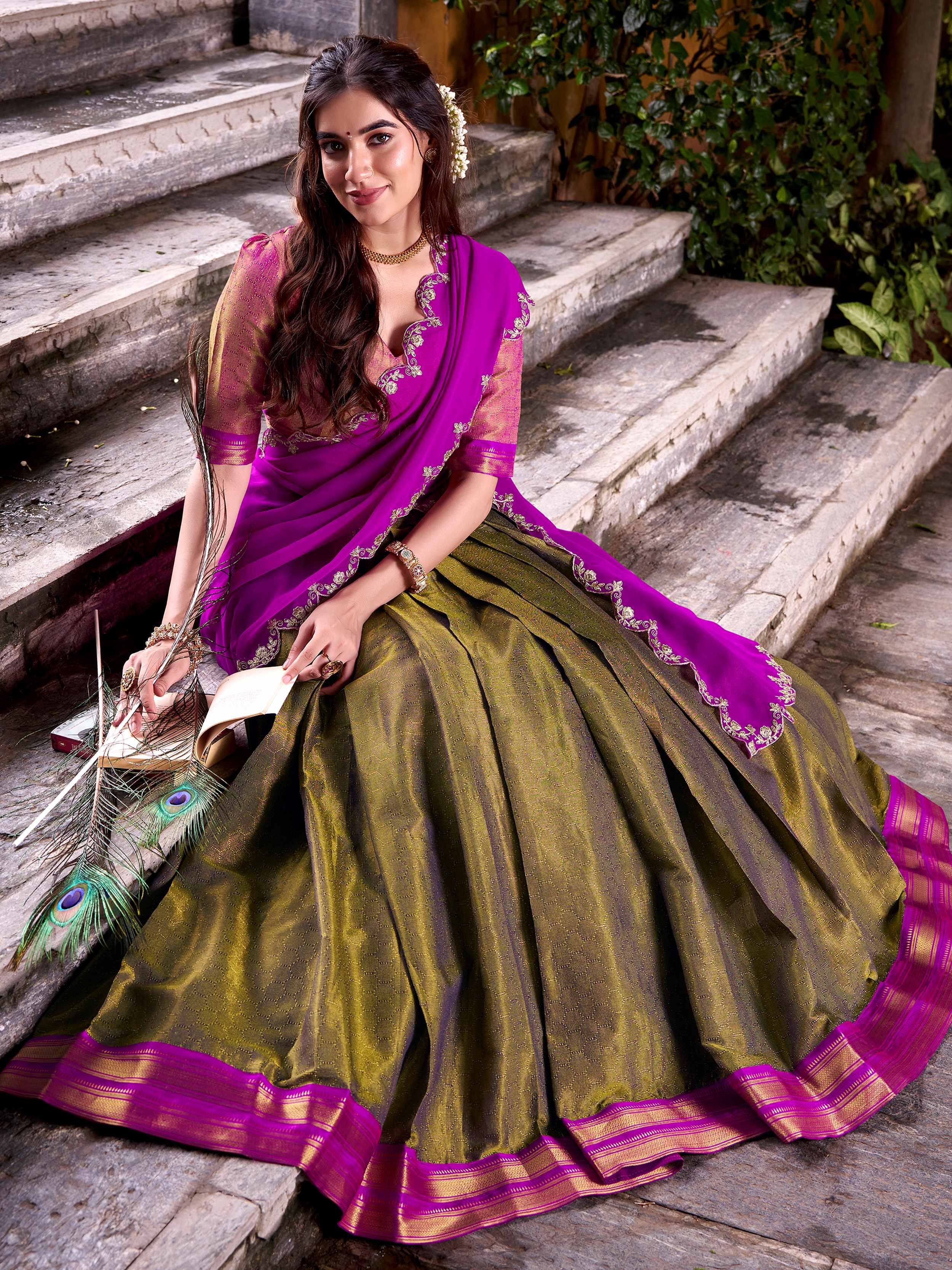 Mehendi Kanchipuram Silk Zari Weaving Half Saree Lehenga