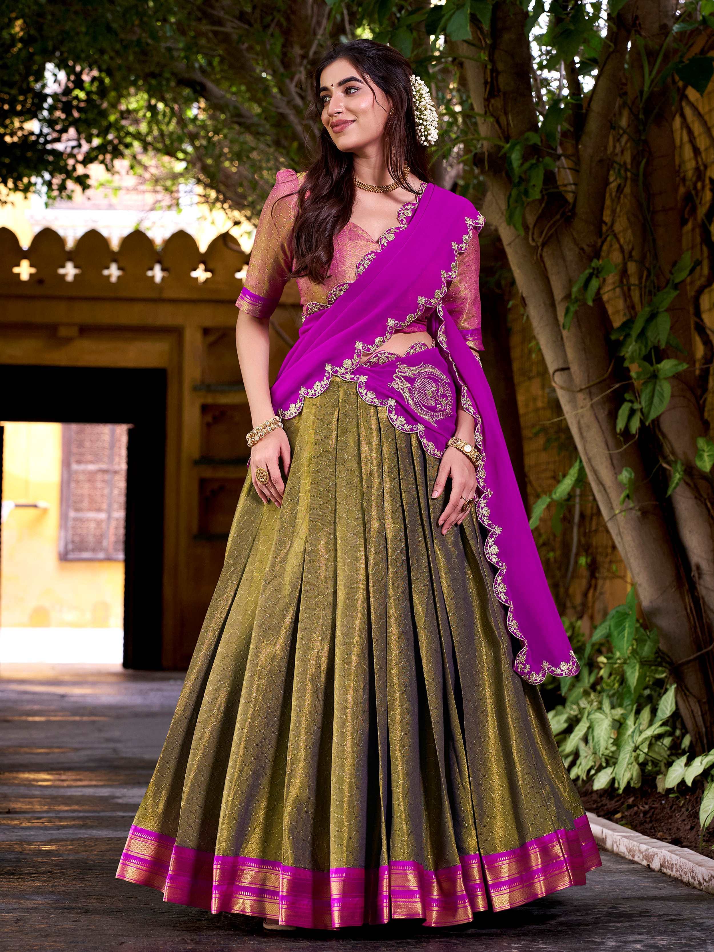 Mehendi Kanchipuram Silk Zari Weaving Half Saree Lehenga