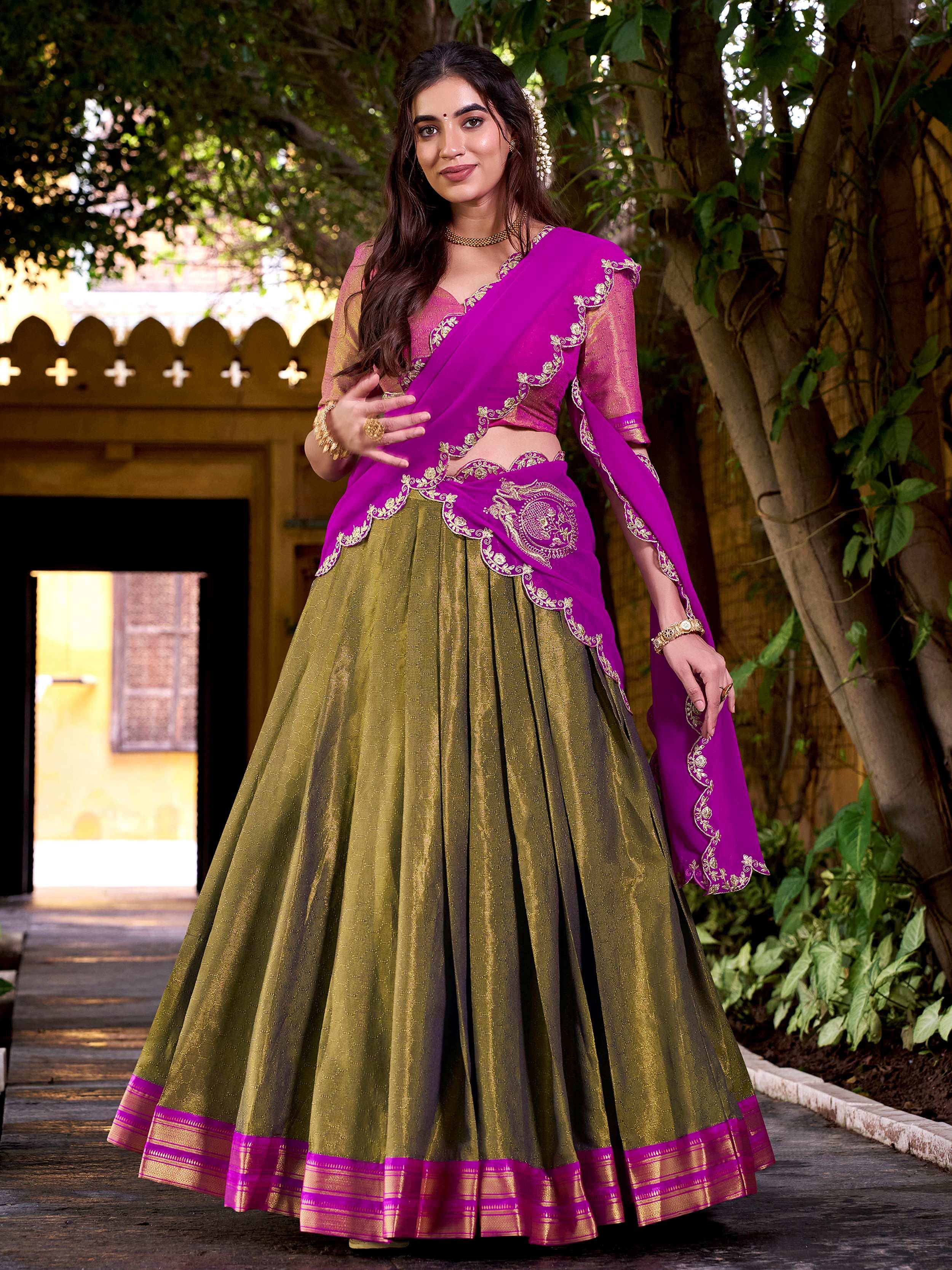 Mehendi Kanchipuram Silk Zari Weaving Half Saree Lehenga