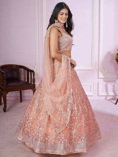 Peach Sequins Soft Net Engagement Lehenga Choli for Ladies