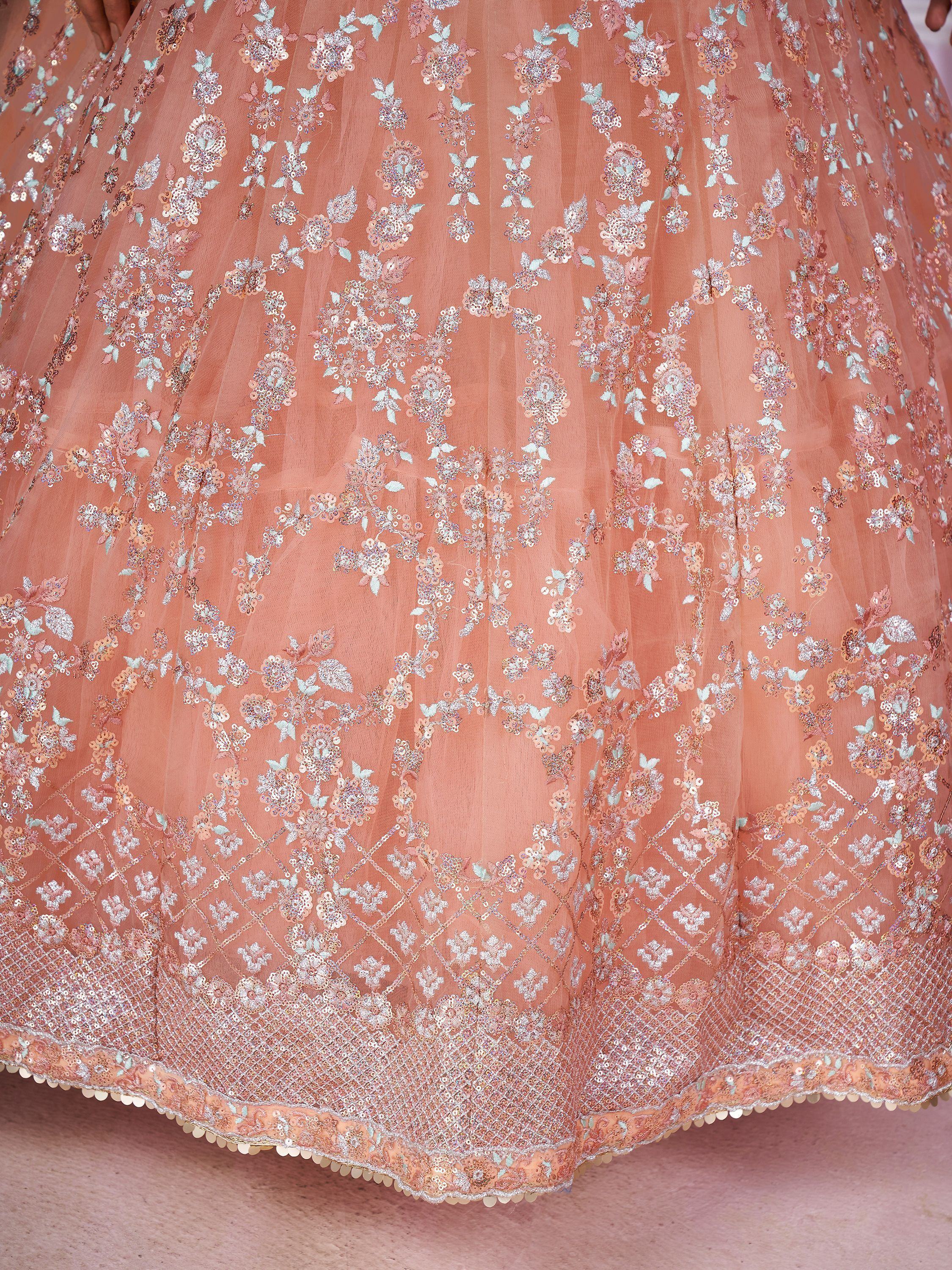 Peach Sequins Soft Net Engagement Lehenga Choli for Ladies
