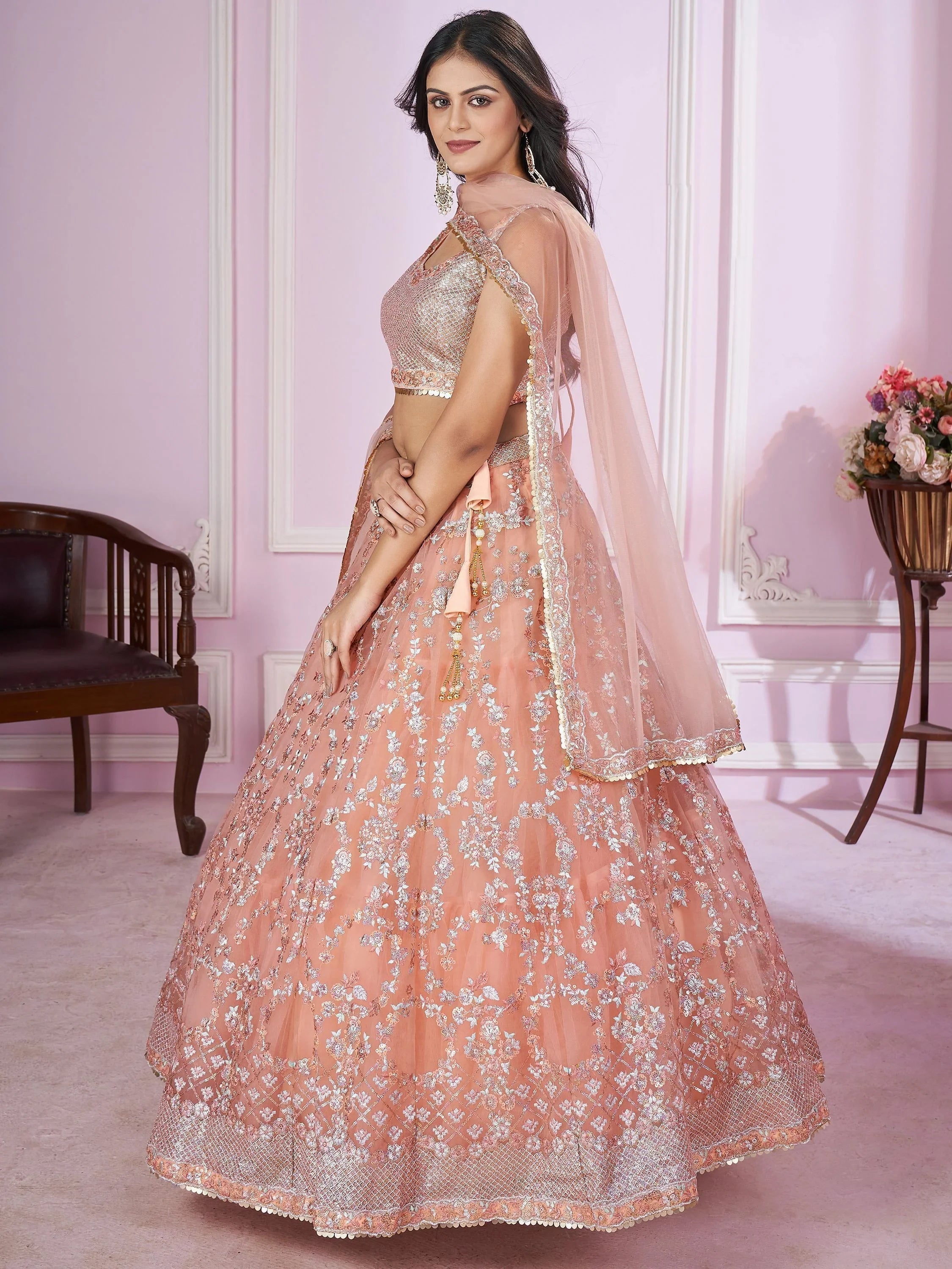 Peach Sequins Soft Net Engagement Lehenga Choli for Ladies