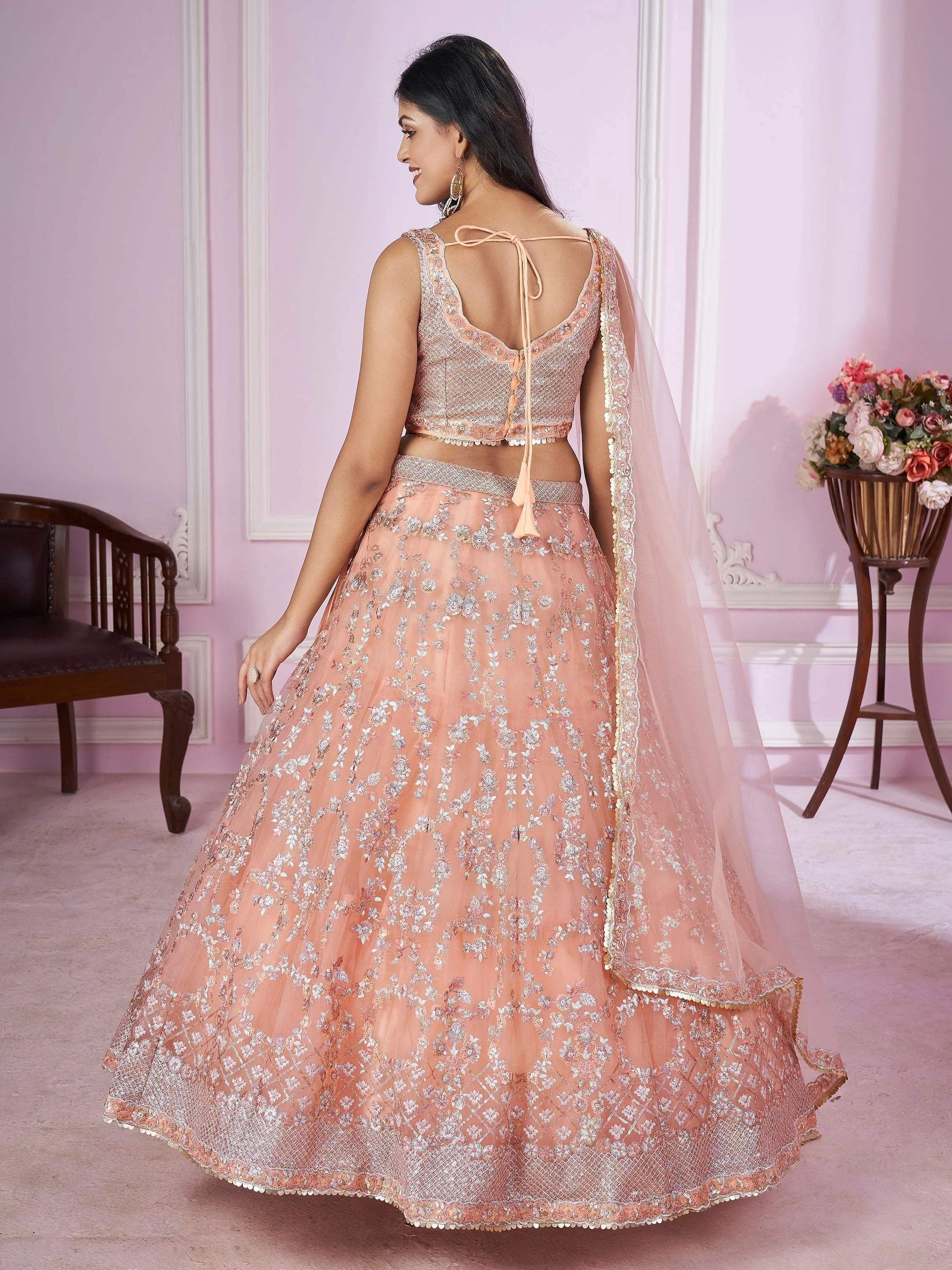 Peach Sequins Soft Net Engagement Lehenga Choli for Ladies
