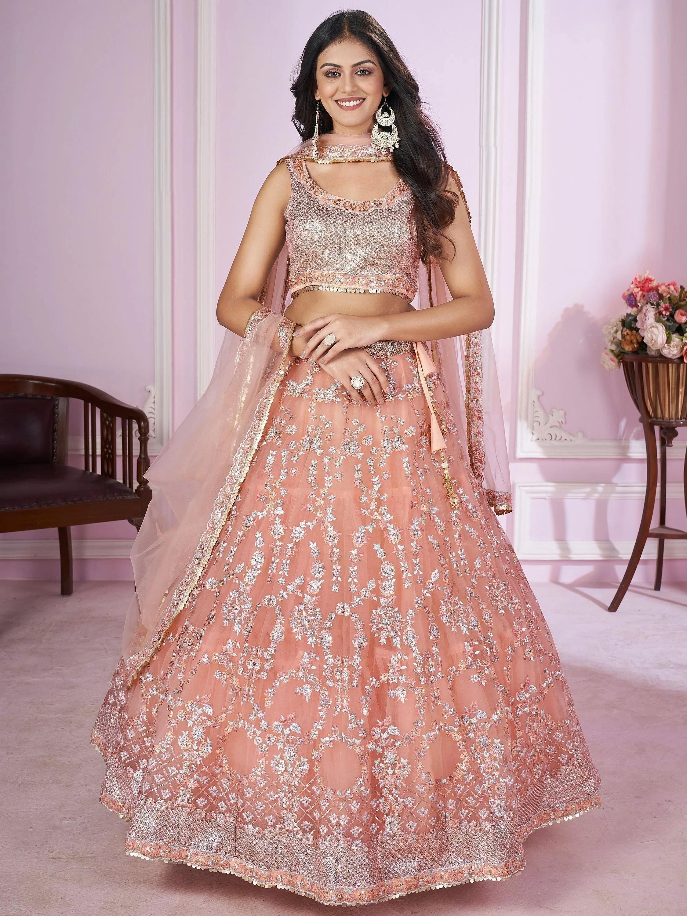 Peach Sequins Soft Net Engagement Lehenga Choli for Ladies