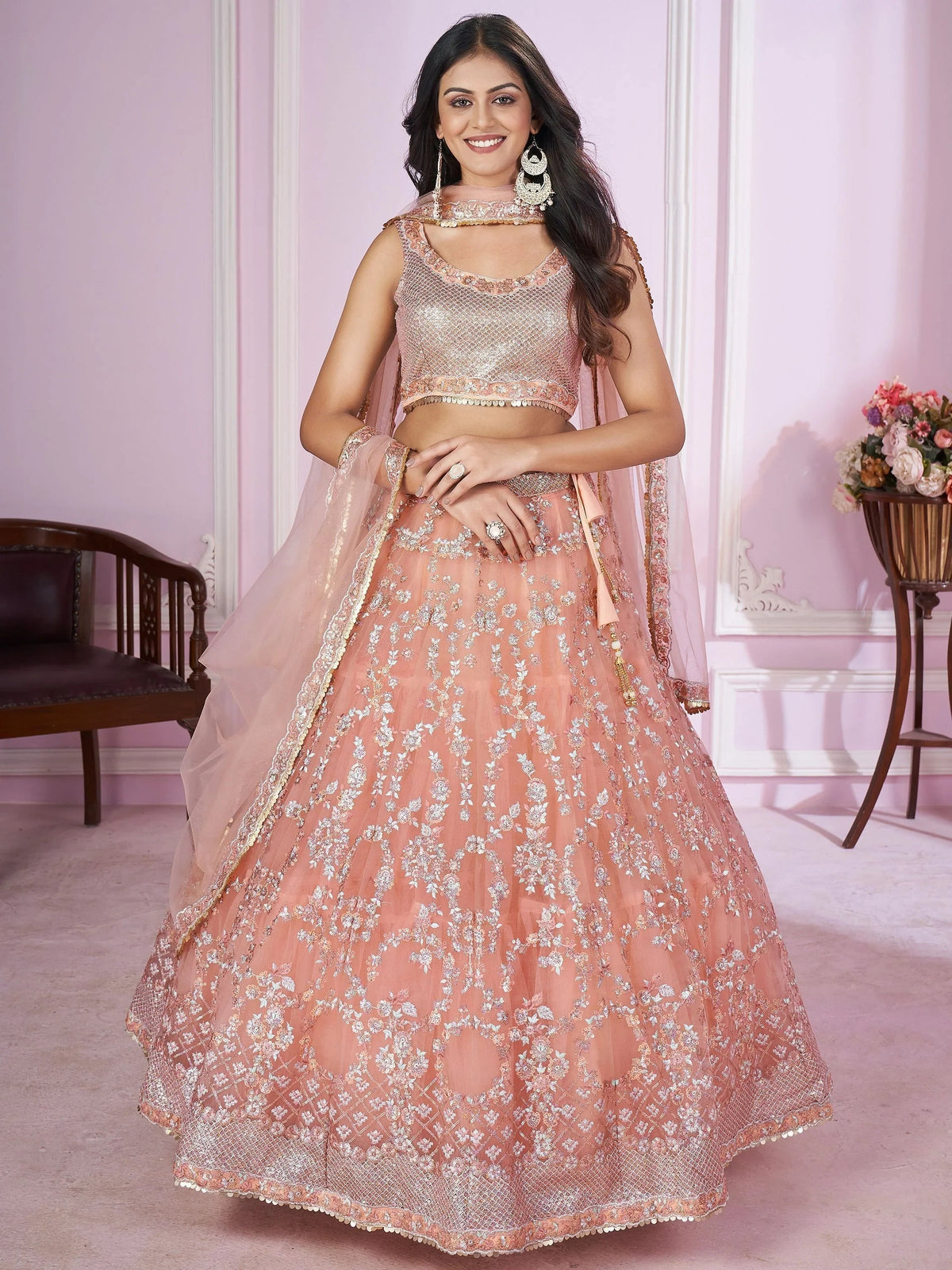 Peach Sequins Soft Net Engagement Lehenga Choli for Ladies