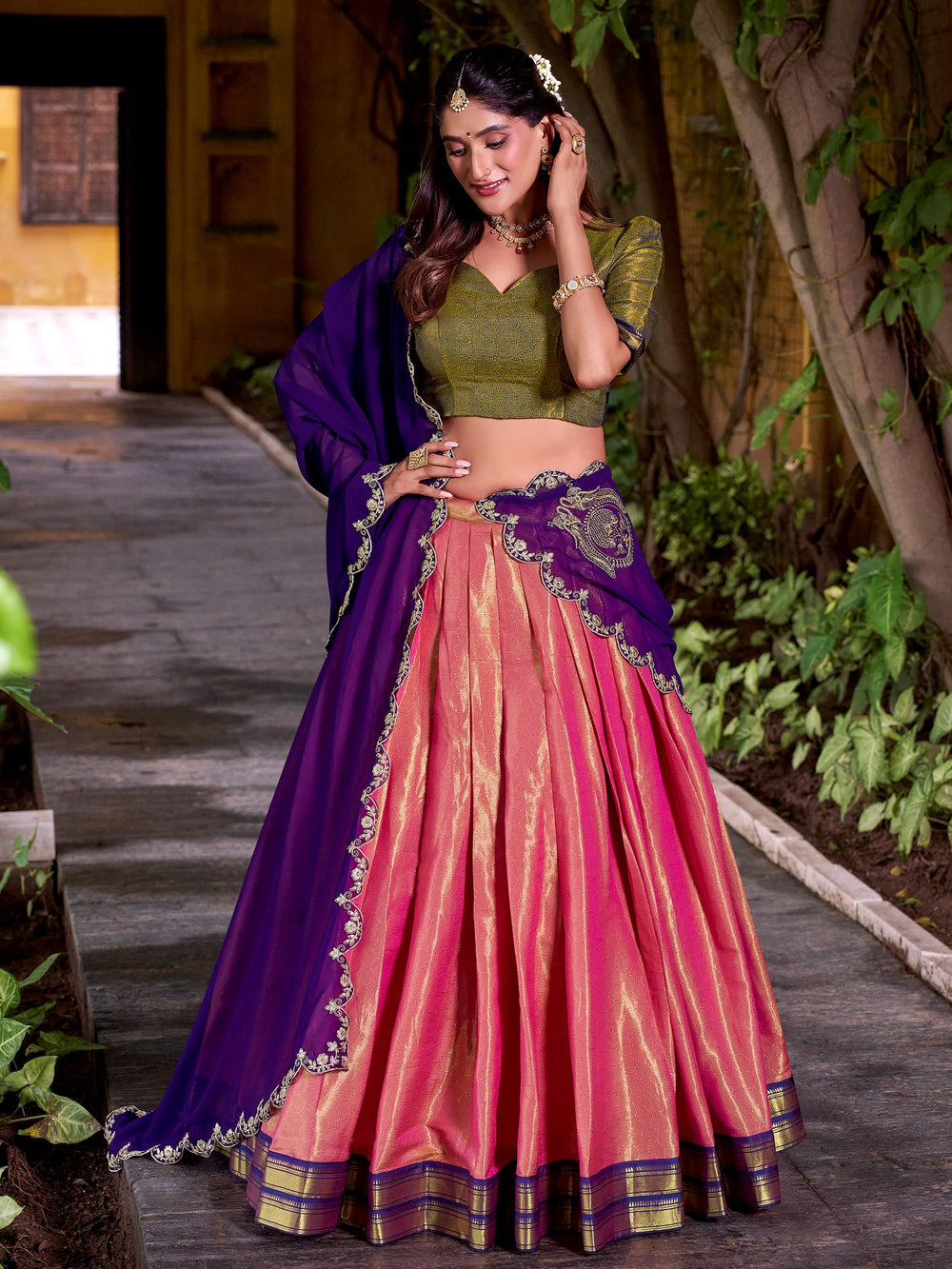 Peach Kanchipuram Silk Zari Weaving Half Saree Lehenga