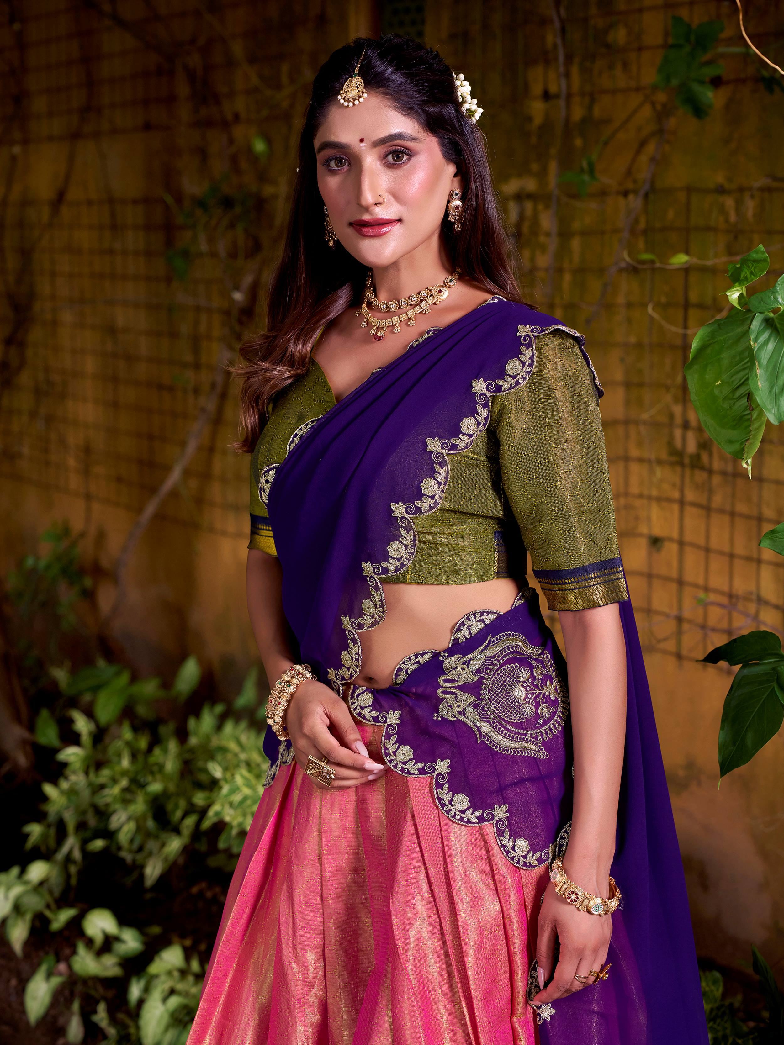 Peach Kanchipuram Silk Zari Weaving Half Saree Lehenga