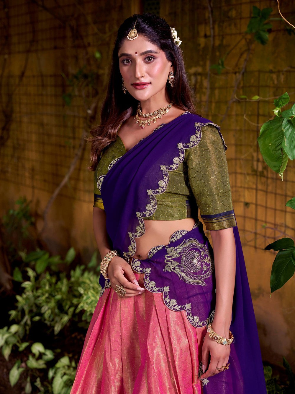 Peach Kanchipuram Silk Zari Weaving Half Saree Lehenga