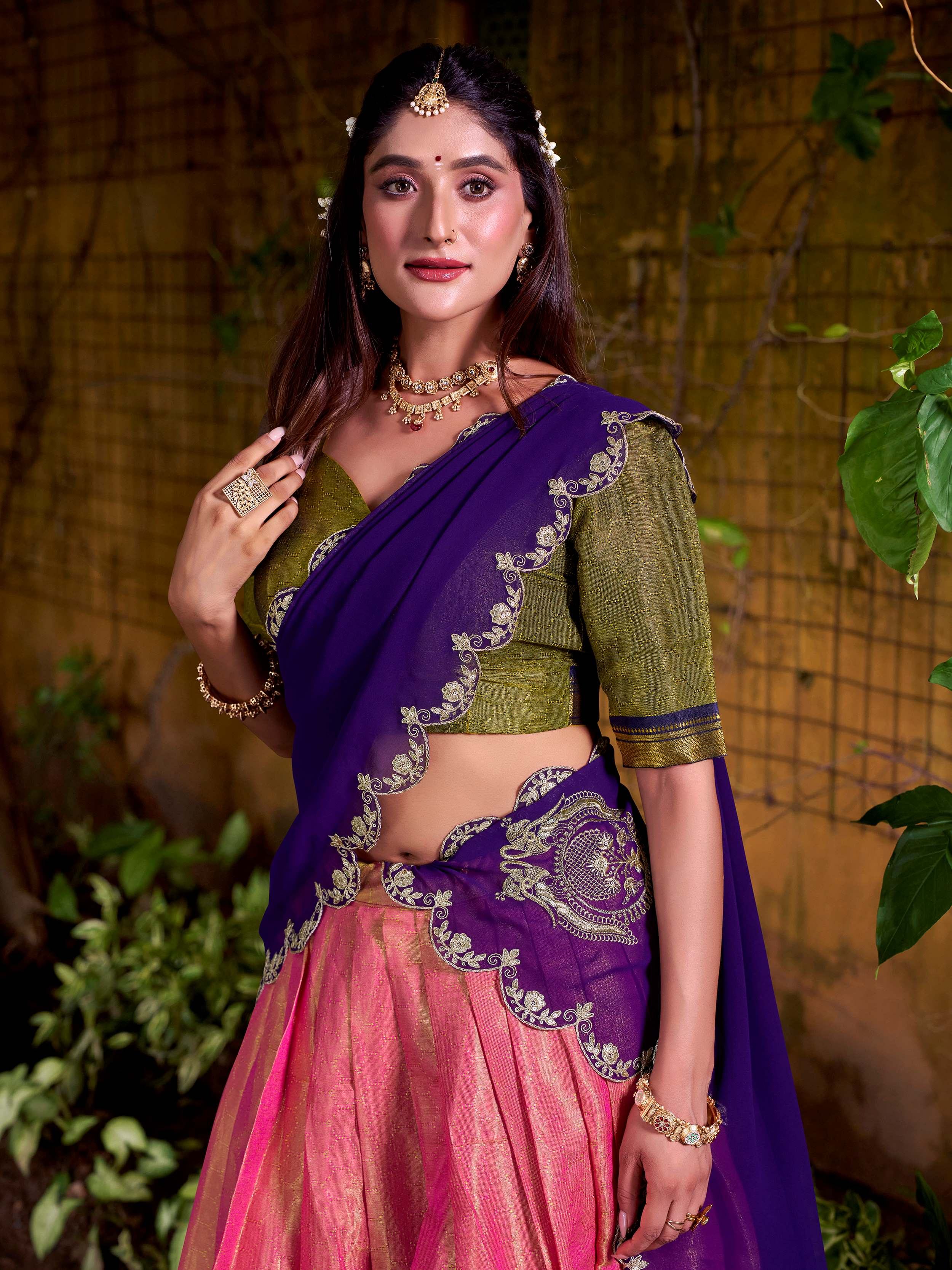 Peach Kanchipuram Silk Zari Weaving Half Saree Lehenga