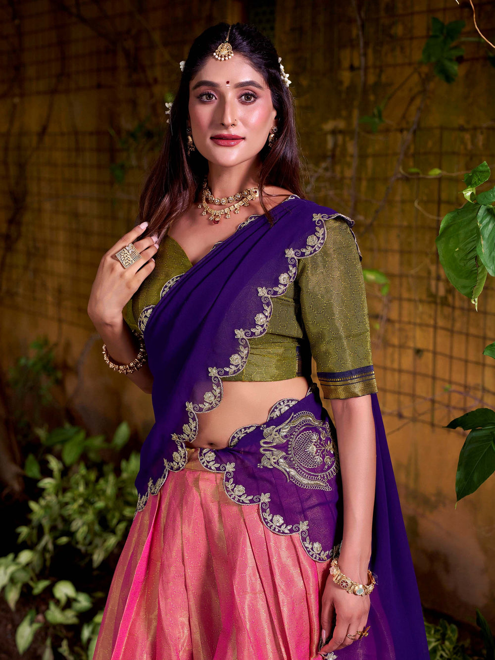 Peach Kanchipuram Silk Zari Weaving Half Saree Lehenga