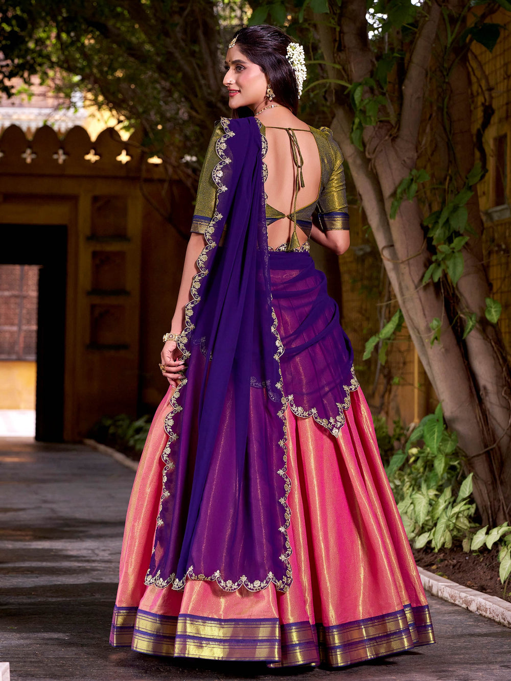 Peach Kanchipuram Silk Zari Weaving Half Saree Lehenga